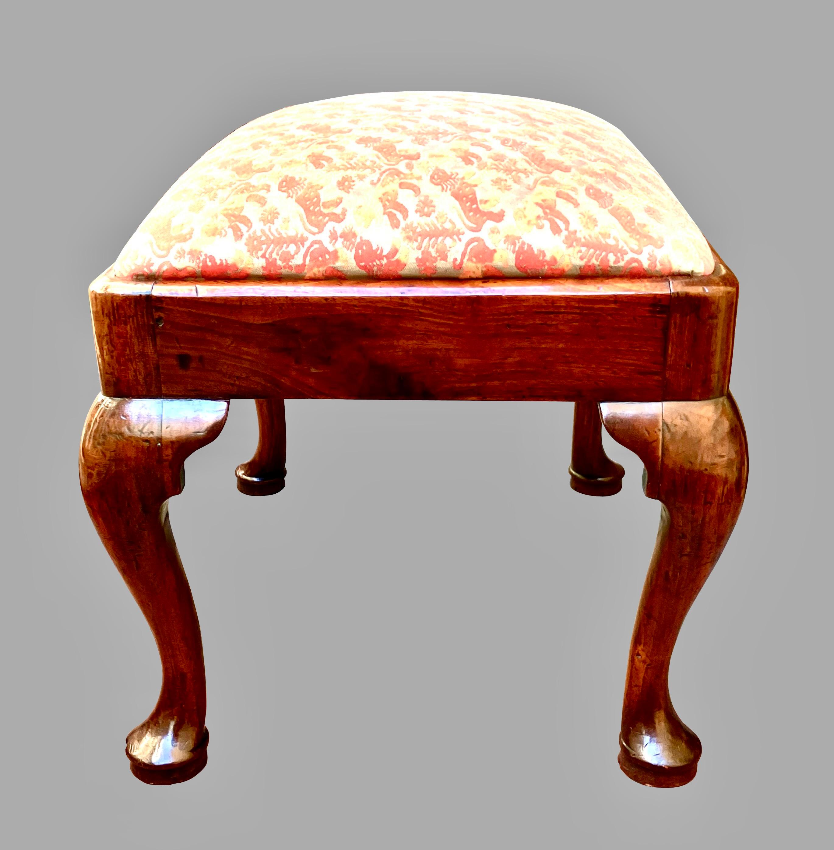 English George I Period Small Bench Now Upholstered in Fortuny Fabric  For Sale 1