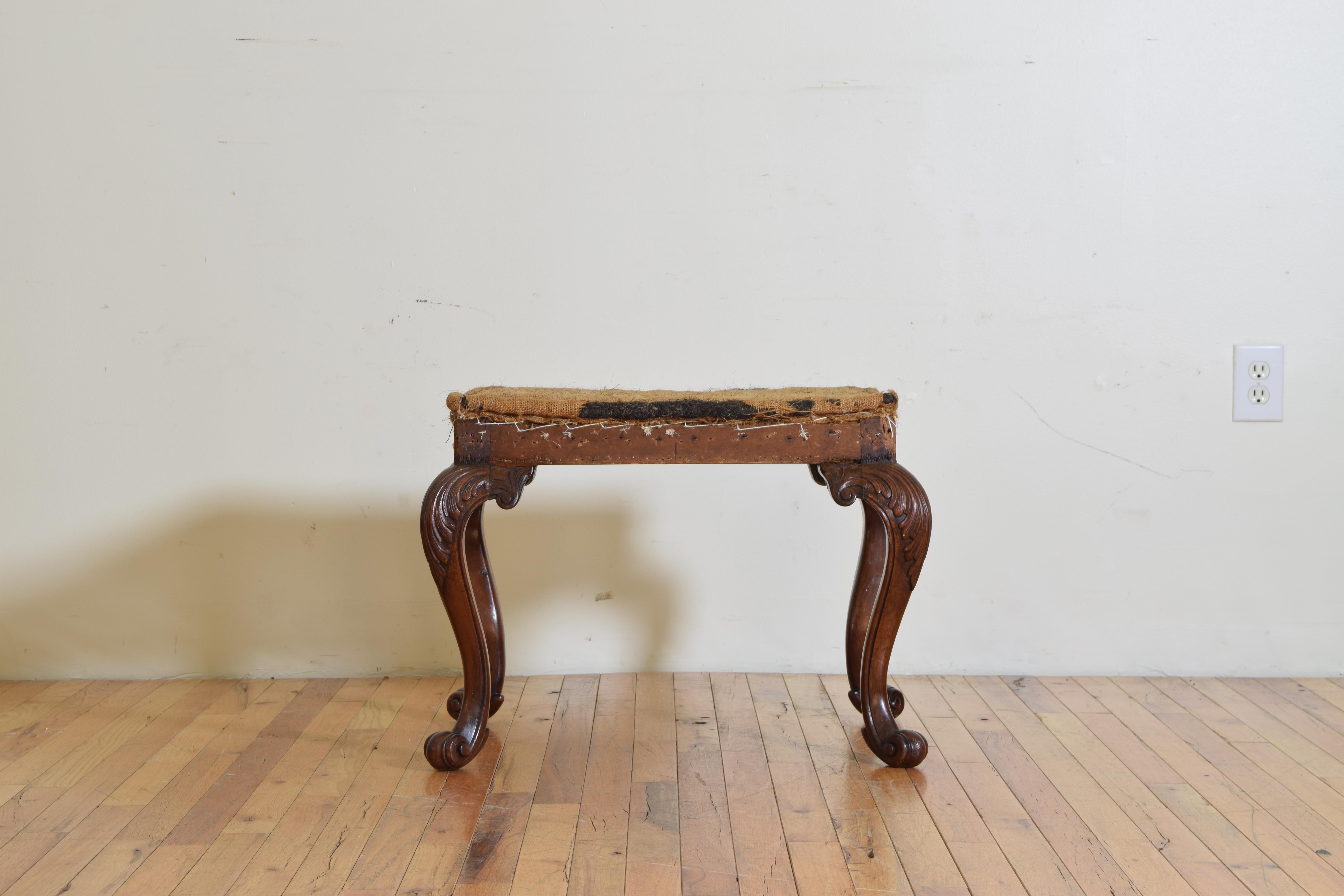 English George I Style Boldly Carved Walnut and Upholstered Stool In Good Condition In Atlanta, GA