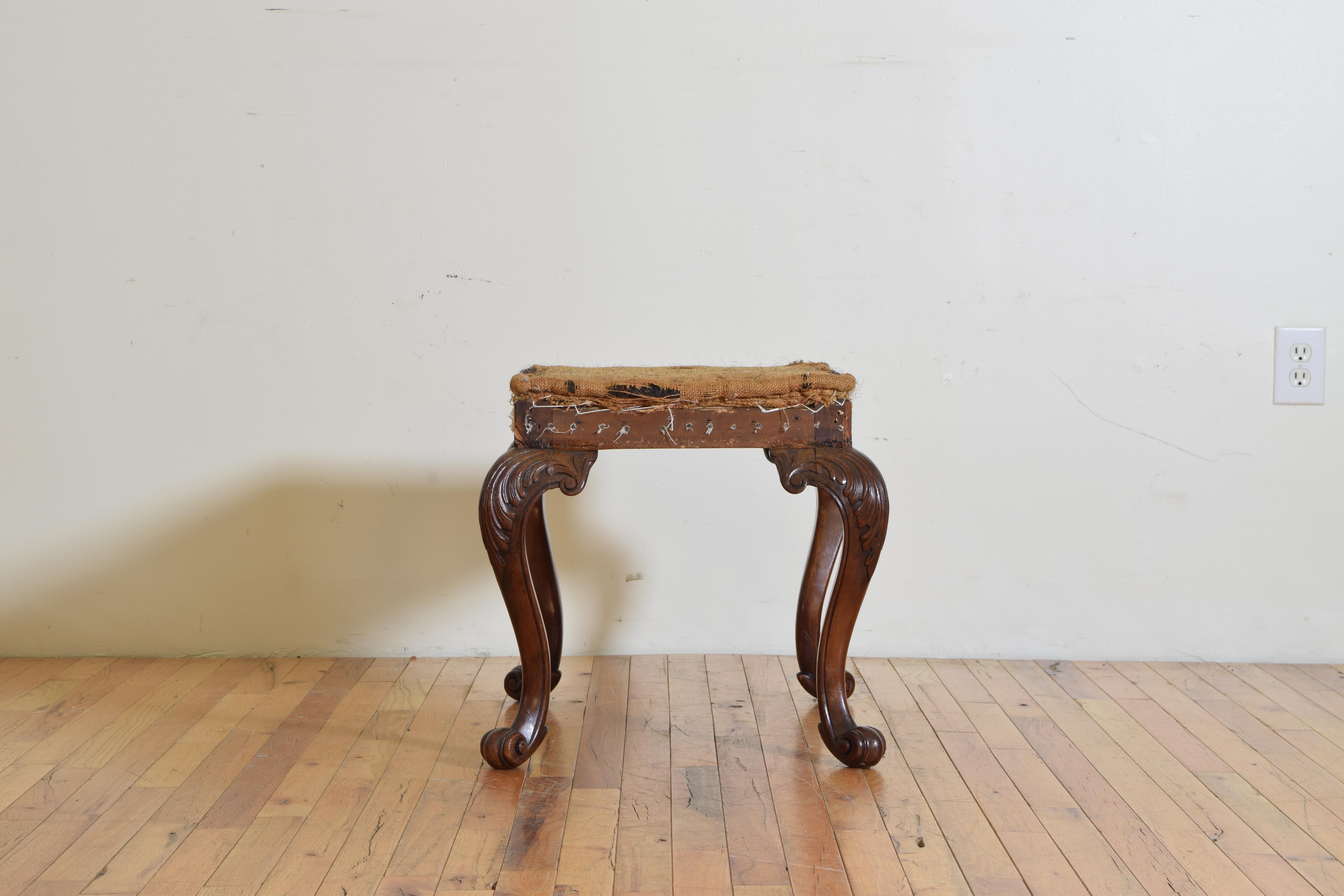 Mid-19th Century English George I Style Boldly Carved Walnut and Upholstered Stool