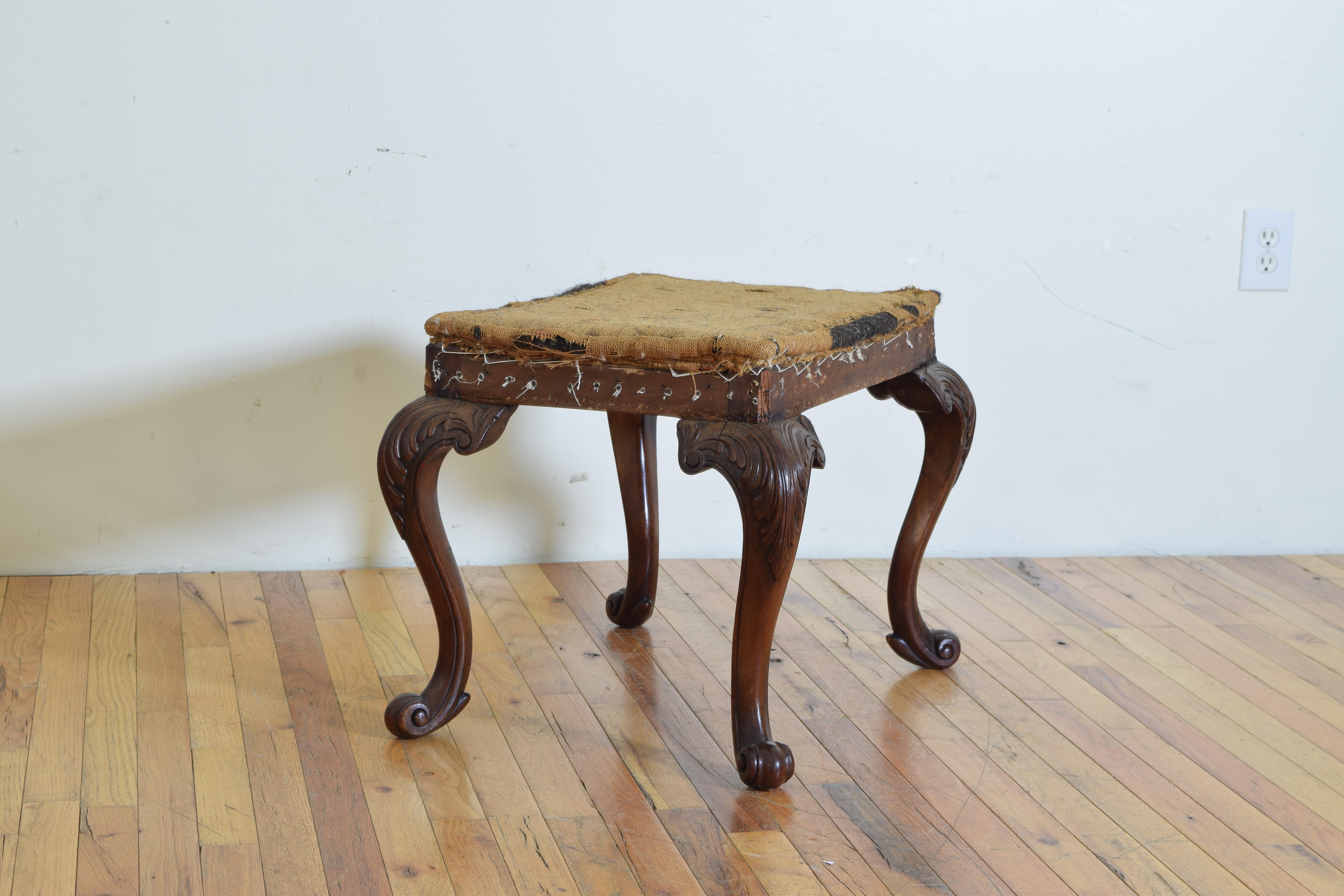 English George I Style Boldly Carved Walnut and Upholstered Stool 1