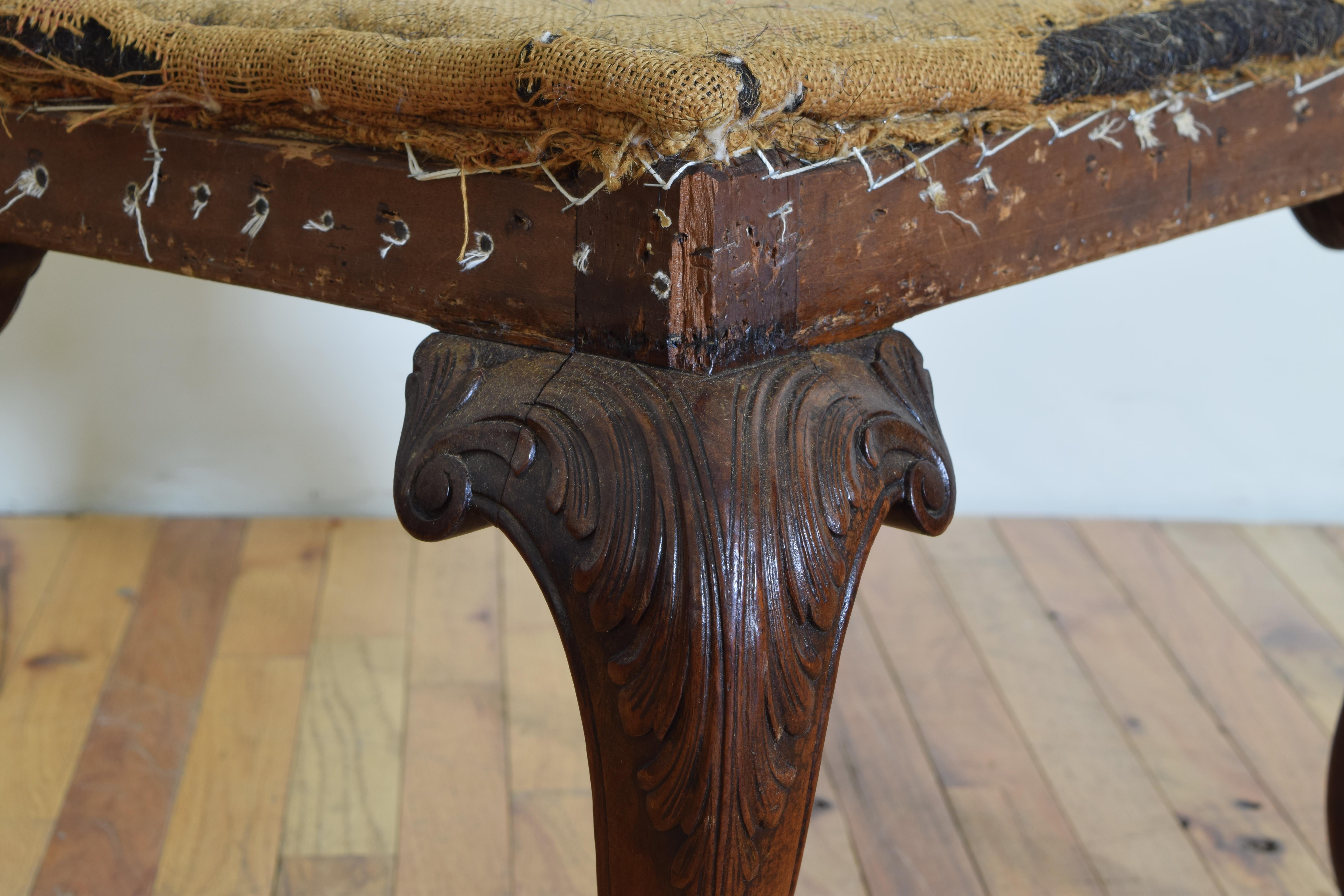 English George I Style Boldly Carved Walnut and Upholstered Stool 3