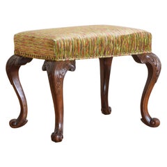 English George I Style Boldly Carved Walnut and Upholstered Stool