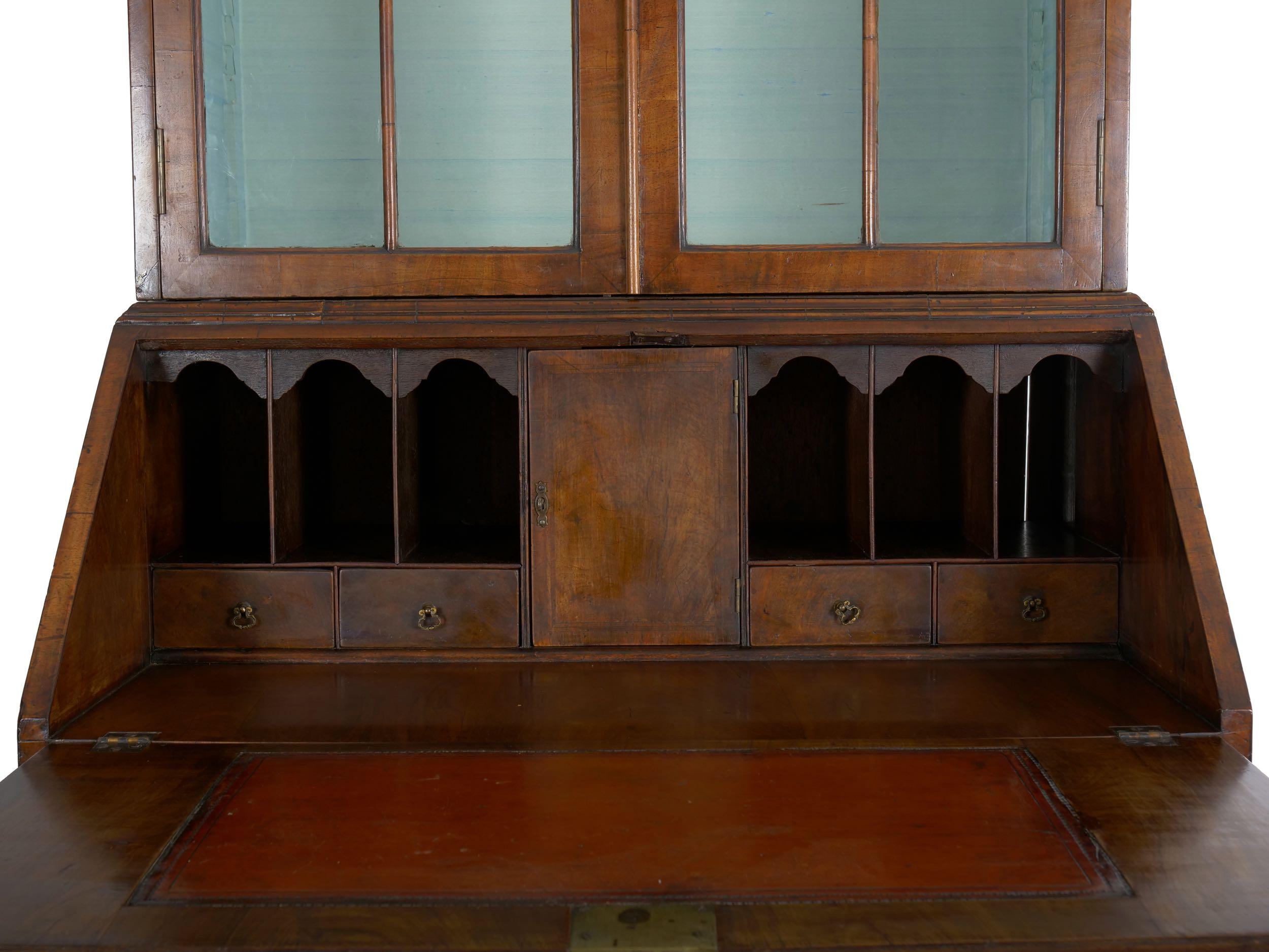 English George I Style Burl-Walnut Antique Bookcase Secretary Desk, 19th Century 5