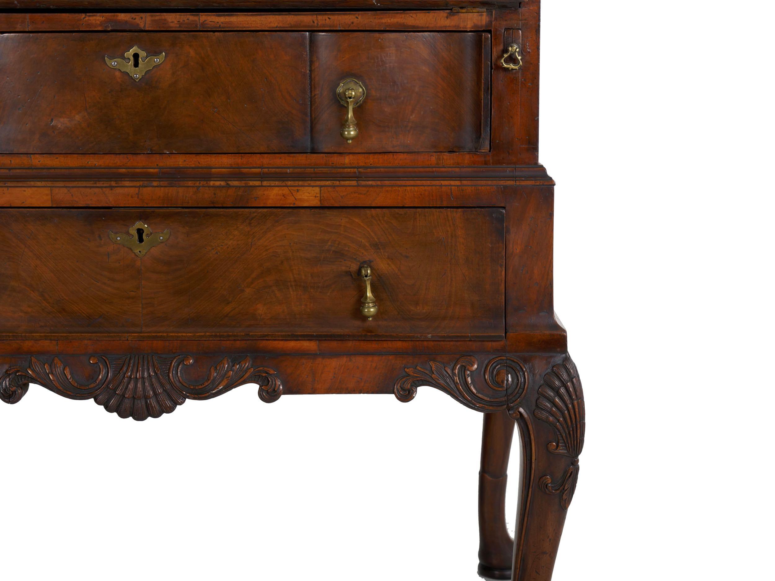 English George I Style Burl-Walnut Antique Bookcase Secretary Desk, 19th Century 8