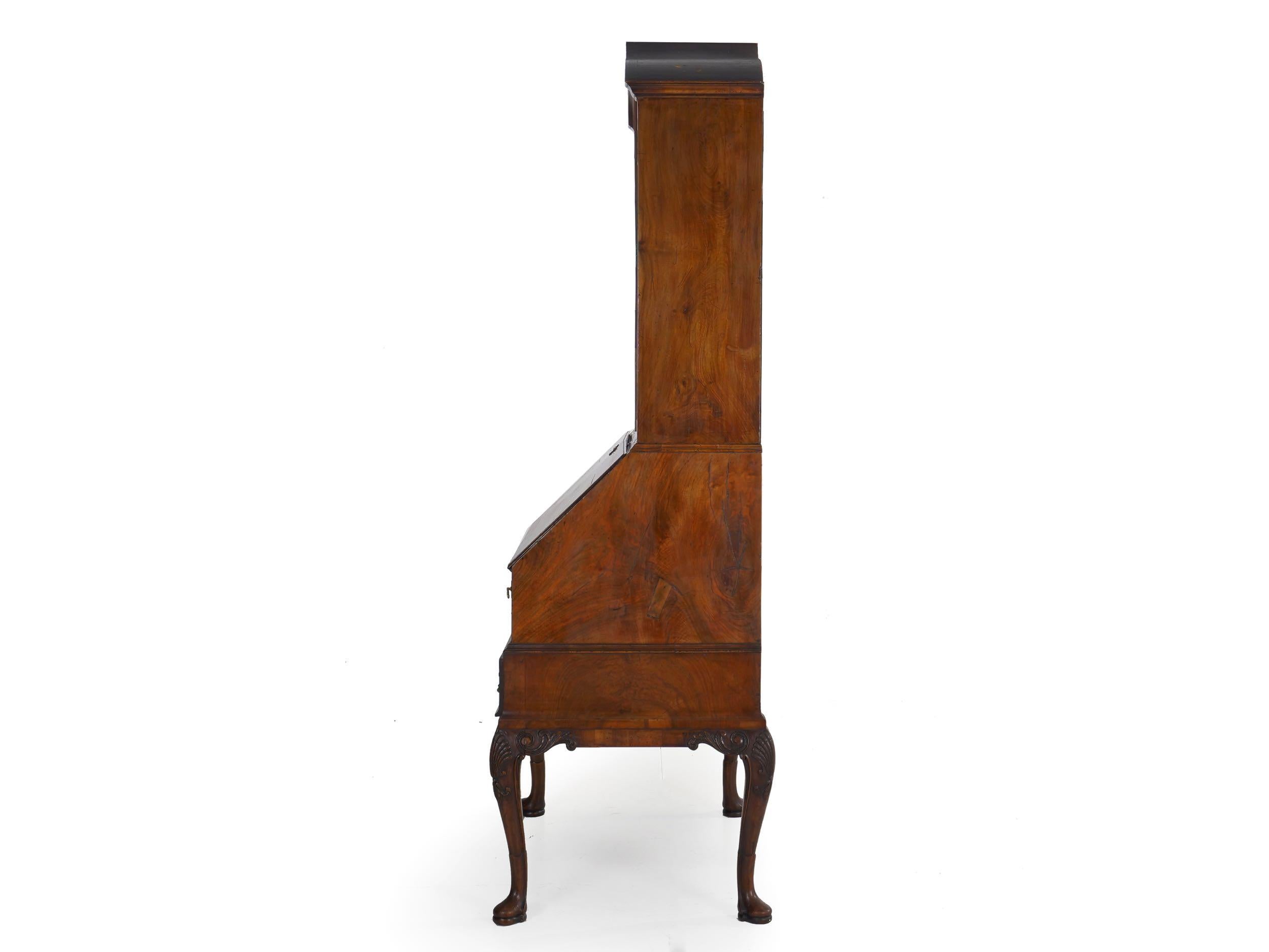 Brass English George I Style Burl-Walnut Antique Bookcase Secretary Desk, 19th Century
