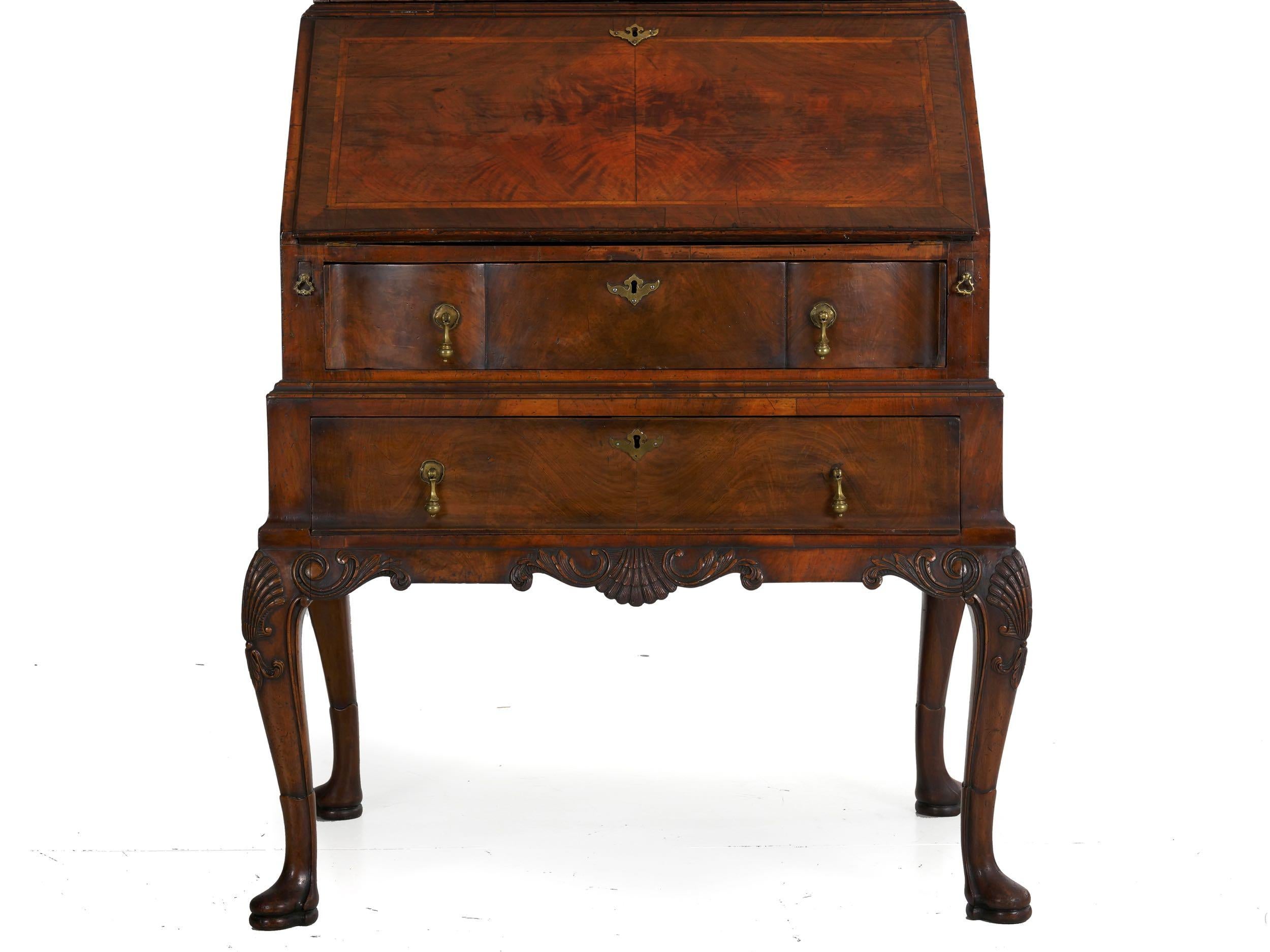 English George I Style Burl-Walnut Antique Bookcase Secretary Desk, 19th Century 2