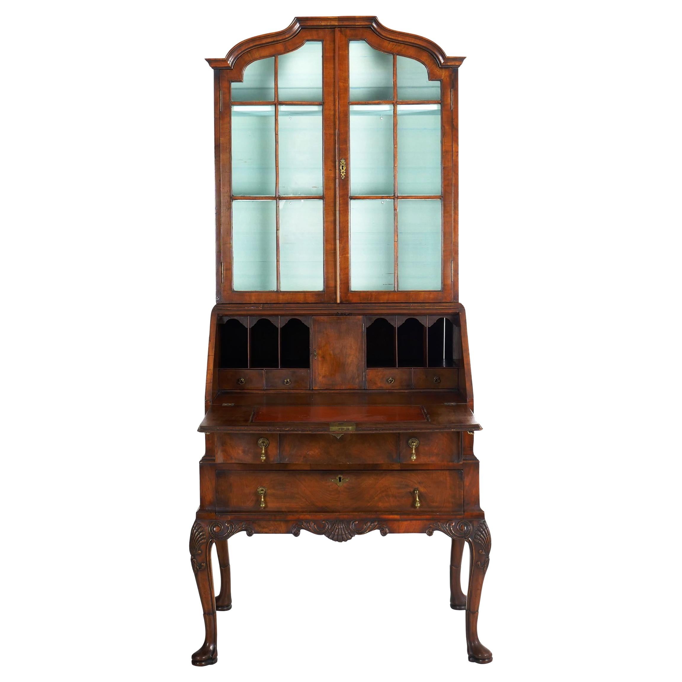 English George I Style Burl-Walnut Antique Bookcase Secretary Desk, 19th Century