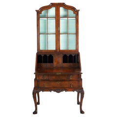 English George I Style Burl-Walnut Antique Bookcase Secretary Desk, 19th Century