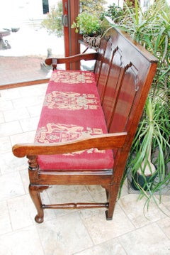 English George II Oak Settle with Paneled Back, Carved Front Rail, Cabriole Legs