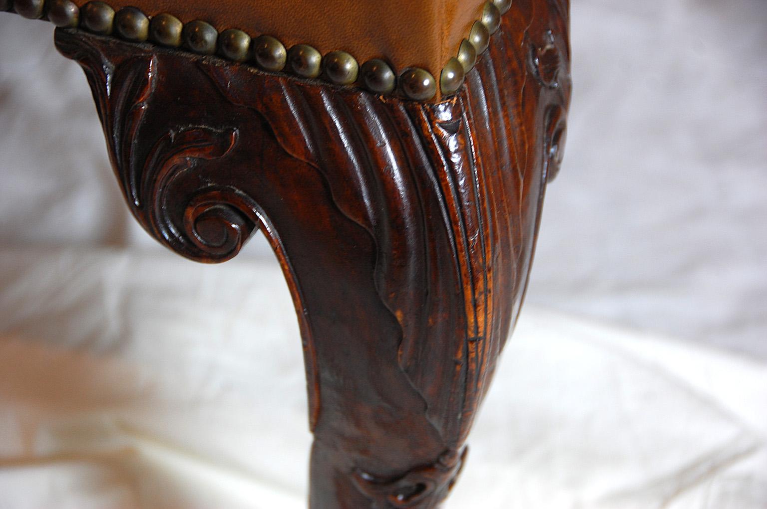 Carved English George II Period Leather Lounging Chair, Backstool, Walnut Cabriole Legs For Sale