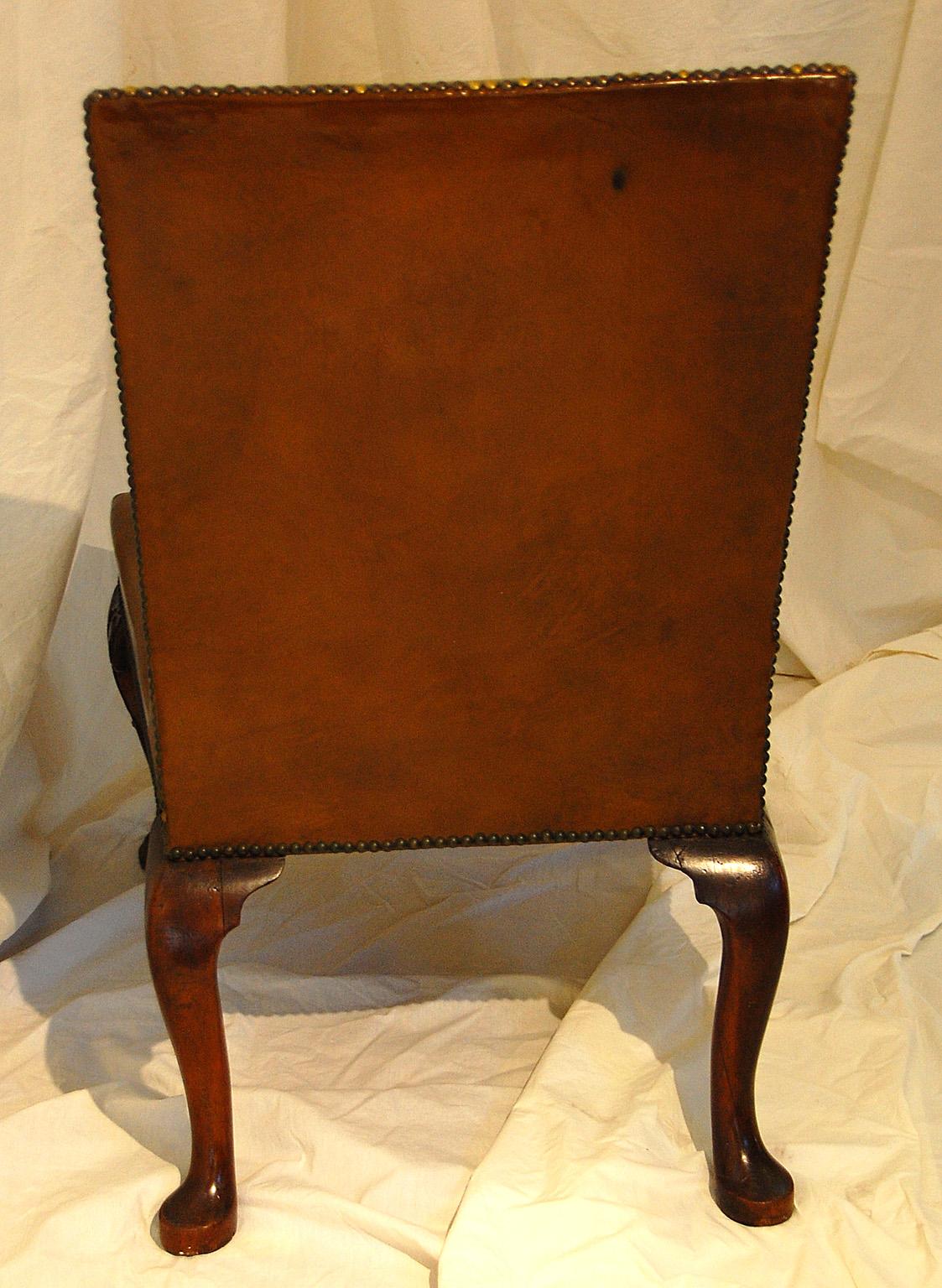 Mid-18th Century English George II Period Leather Lounging Chair, Backstool, Walnut Cabriole Legs For Sale