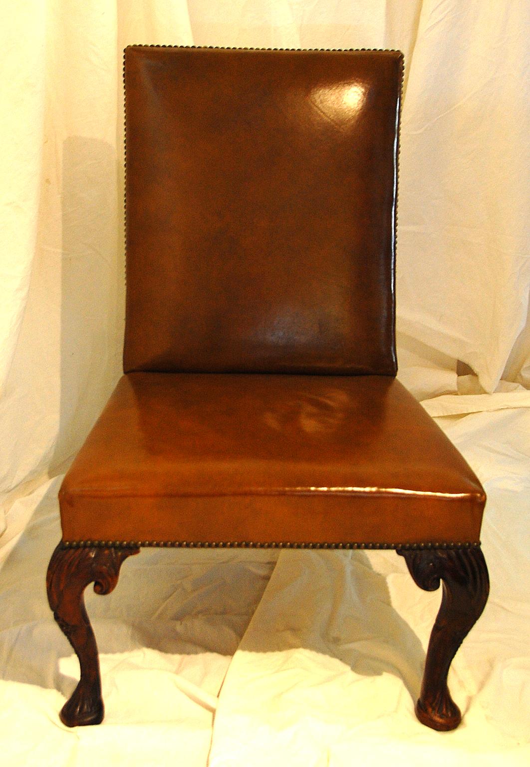English George II Period Leather Lounging Chair, Backstool, Walnut Cabriole Legs For Sale 2