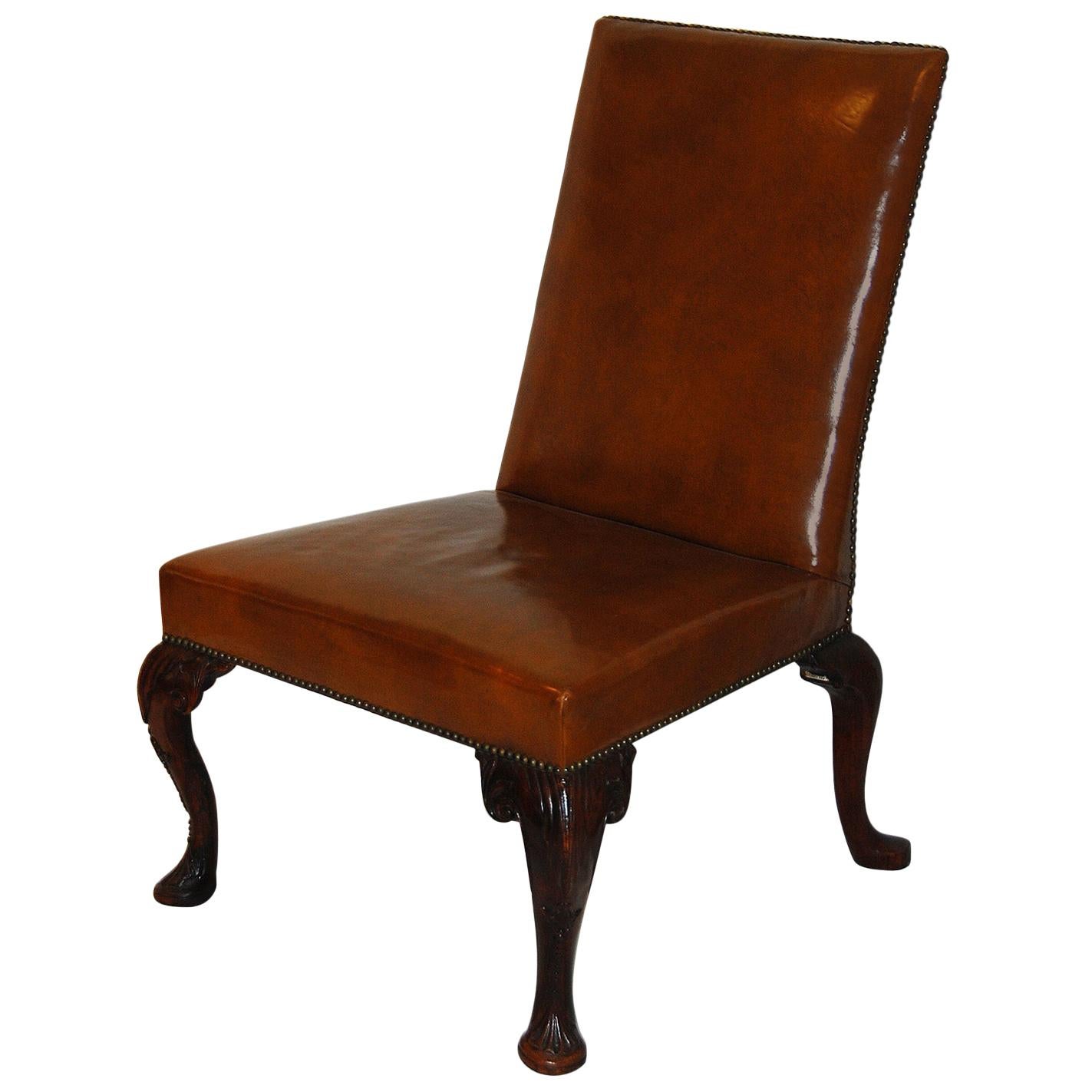English George II Period Leather Lounging Chair, Backstool, Walnut Cabriole Legs For Sale