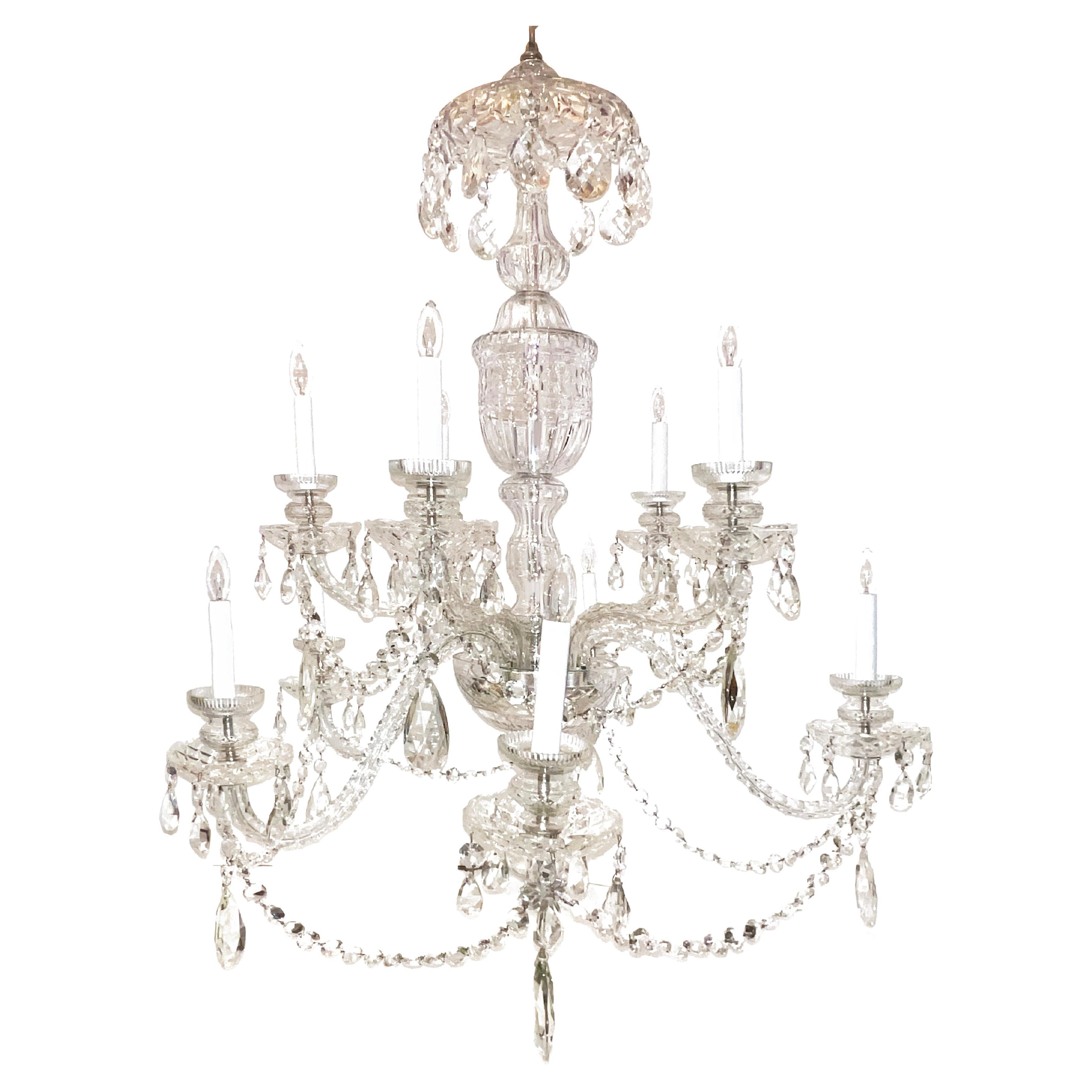 English George II Style 10 Light Leaded Glass Chandelier For Sale