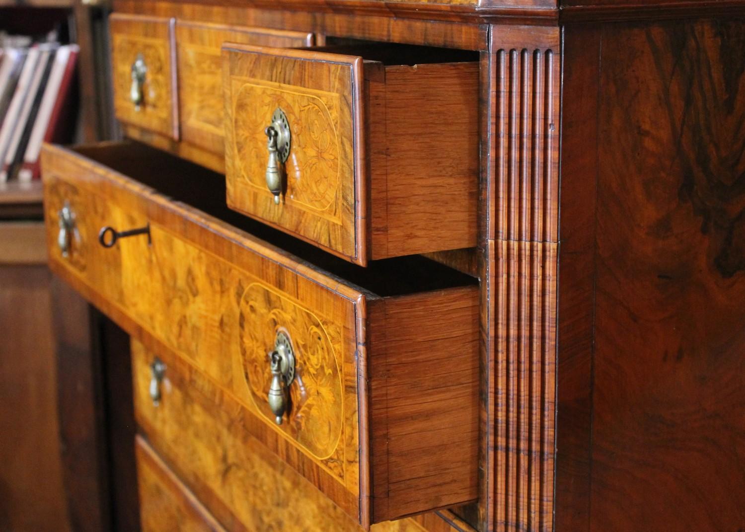 English George II Style Burl Walnut and Marquetry Chest on Stand or Highboy For Sale 4