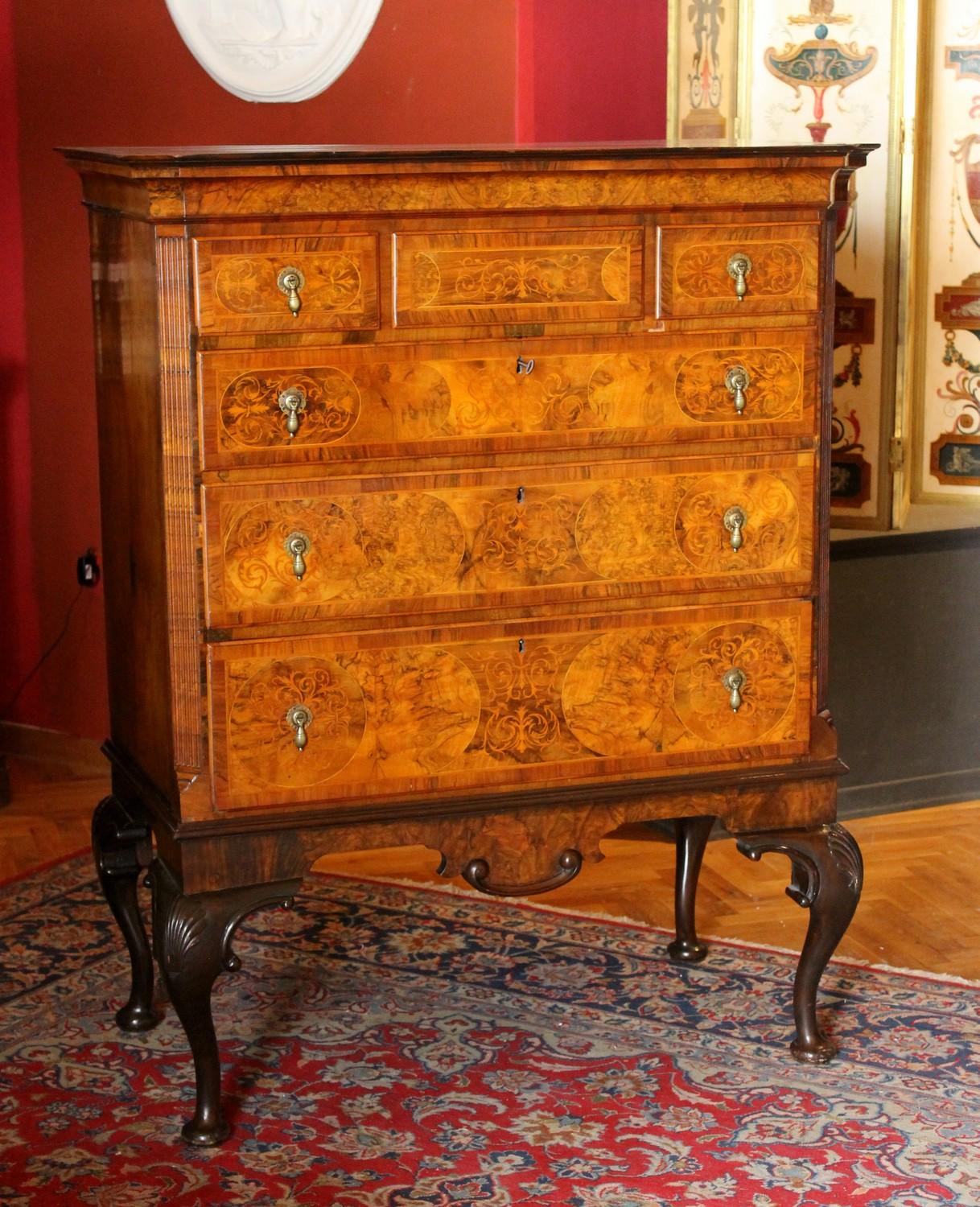 Hand-Carved English George II Style Burl Walnut and Marquetry Chest on Stand or Highboy For Sale