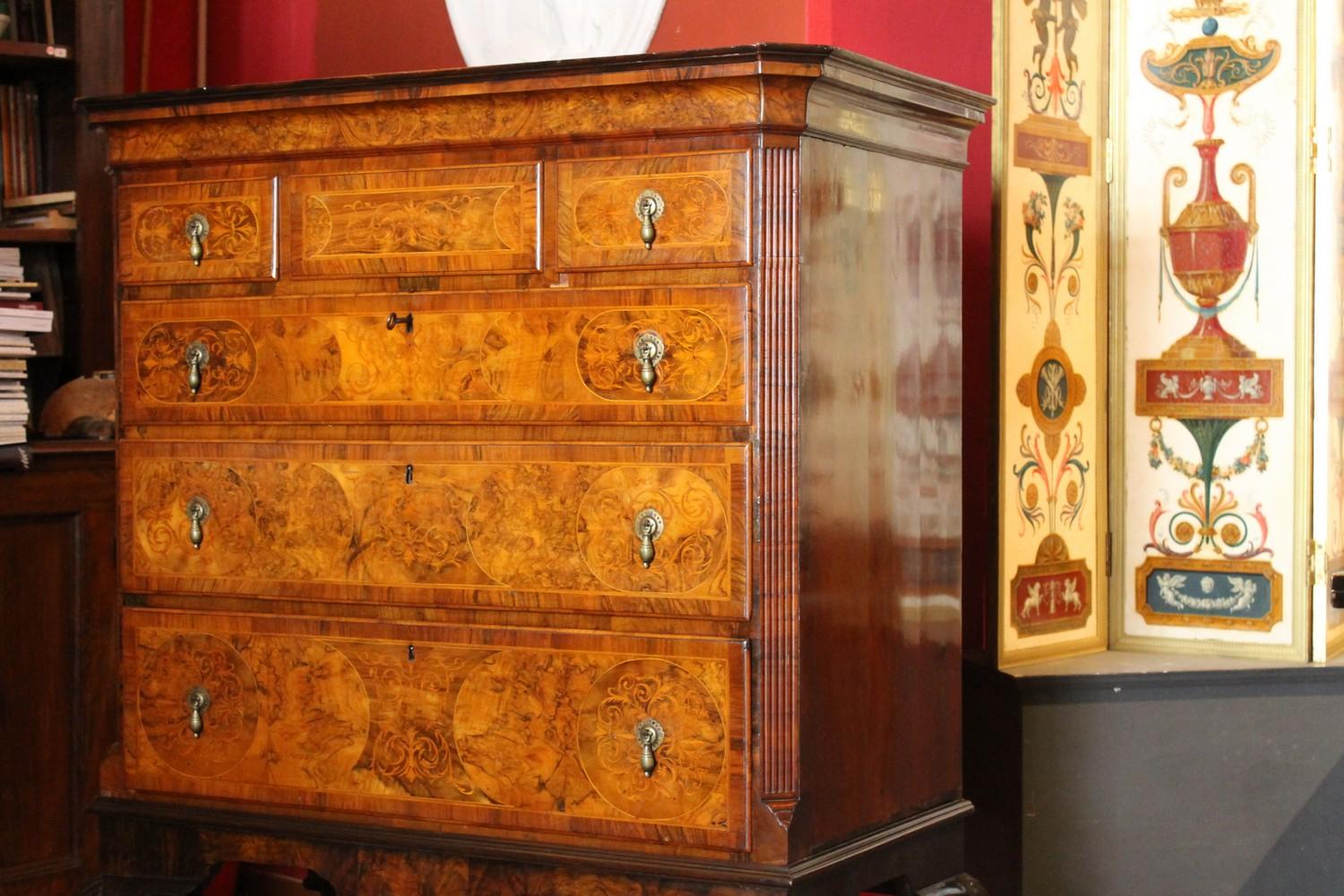19th Century English George II Style Burl Walnut and Marquetry Chest on Stand or Highboy For Sale