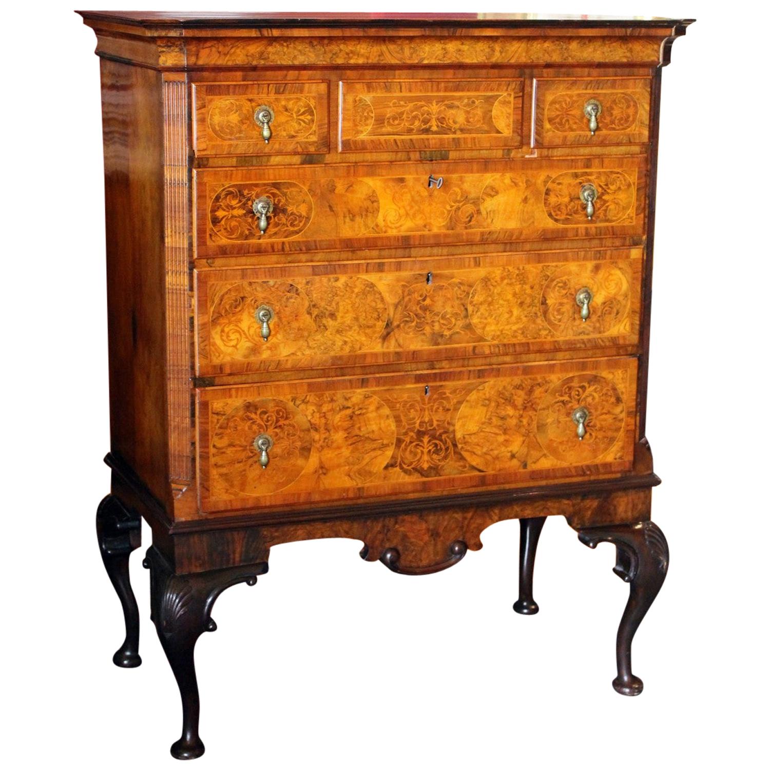 English George II Style Burl Walnut and Marquetry Chest on Stand or Highboy