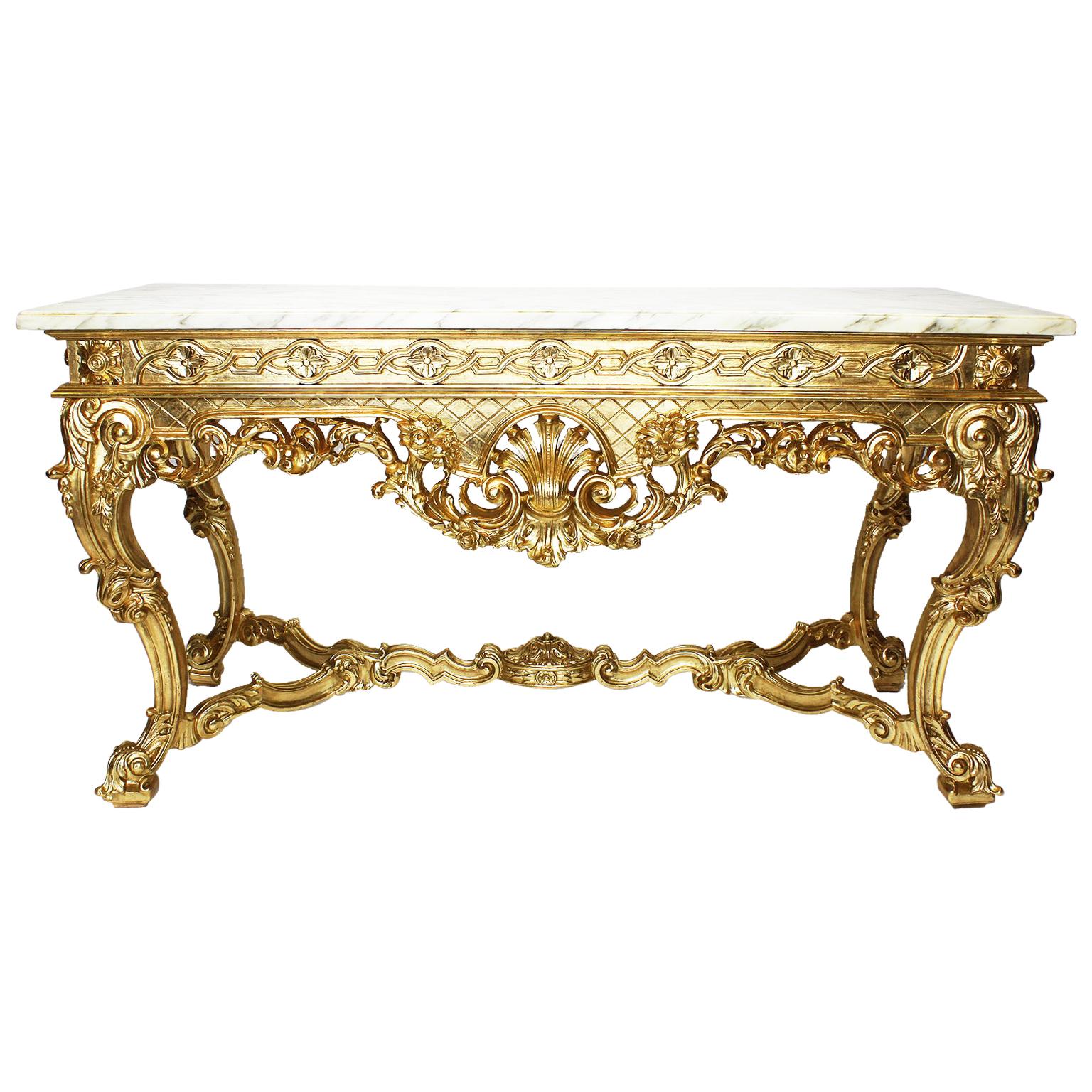 English George II Style Giltwood Carved Console Table with Marble Top