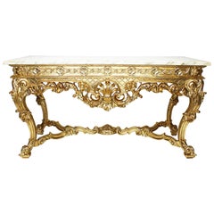 Table console anglaise de style George II en bois doré sculpté avec plateau en marbre