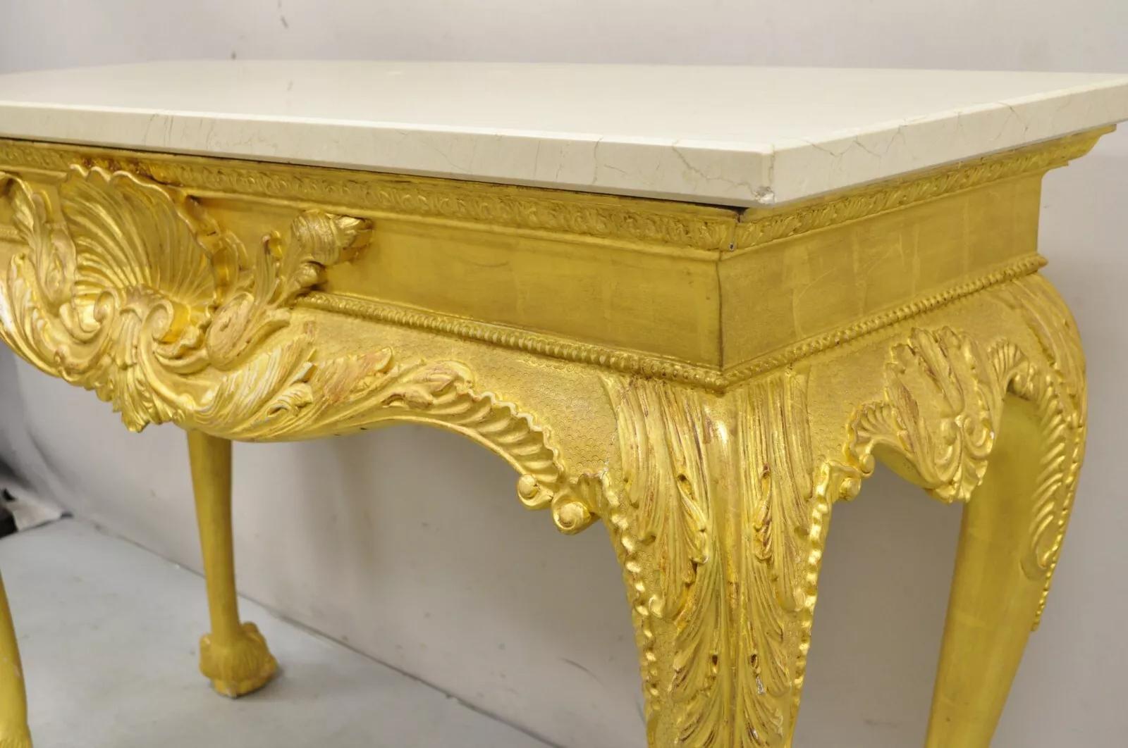 Englisch George II Stil Gold Giltwood Shell geschnitzt Paw Fuß Konsole Hall Tisch (Marmor) im Angebot