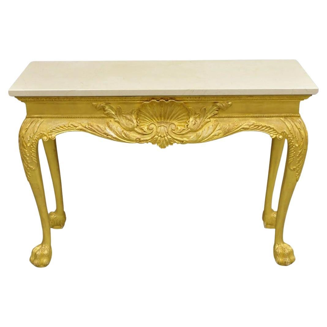 Mesa consola de salón dorada de madera dorada estilo Jorge II con patas de concha talladas