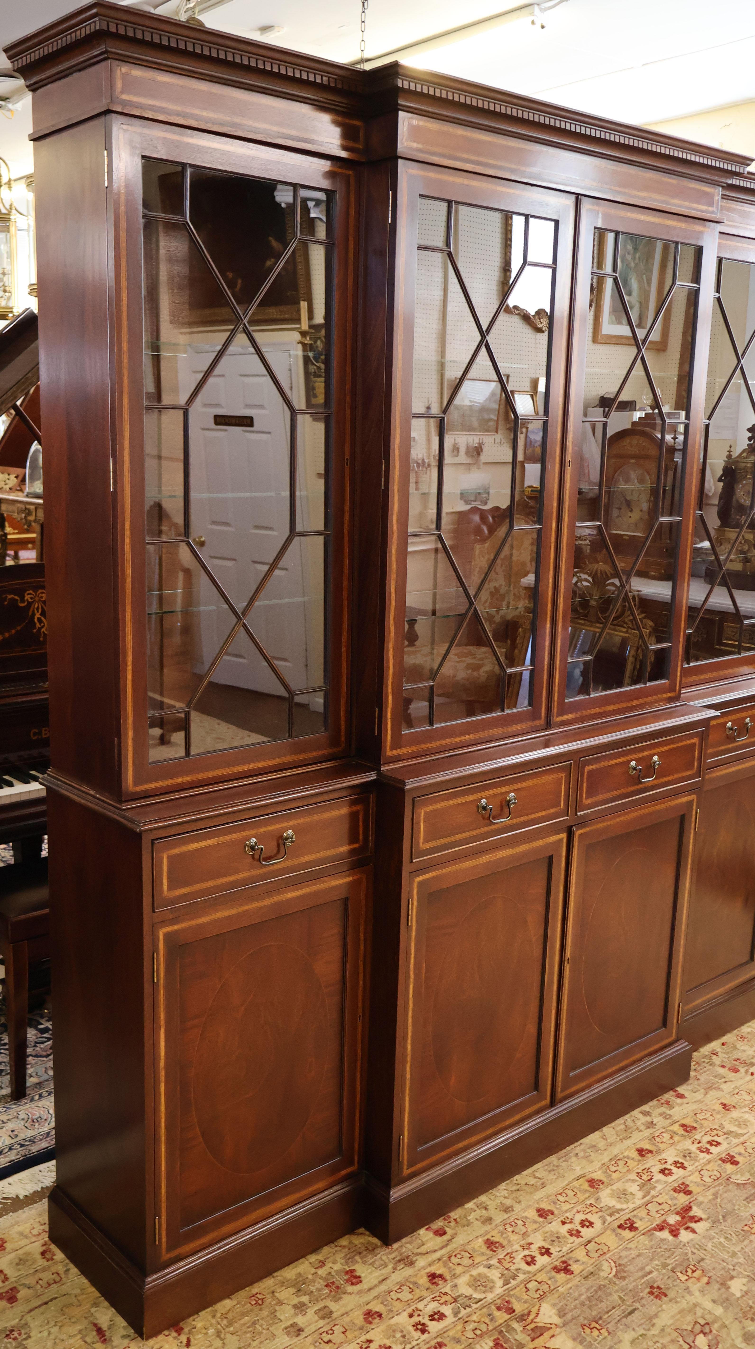 English George II Style Mahogany Inlaid Bookcase Breakfront For Sale 8