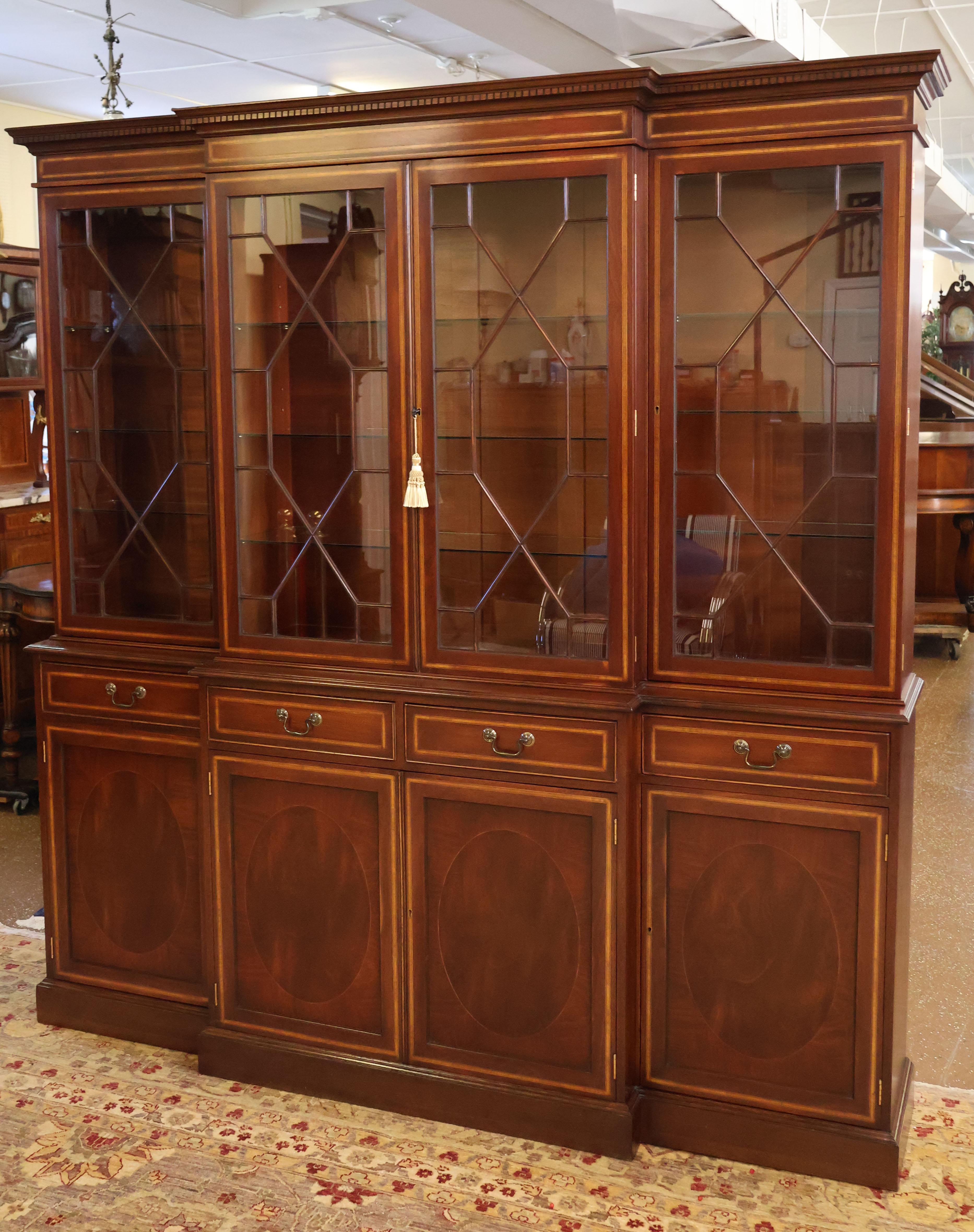Late 20th Century English George II Style Mahogany Inlaid Bookcase Breakfront For Sale