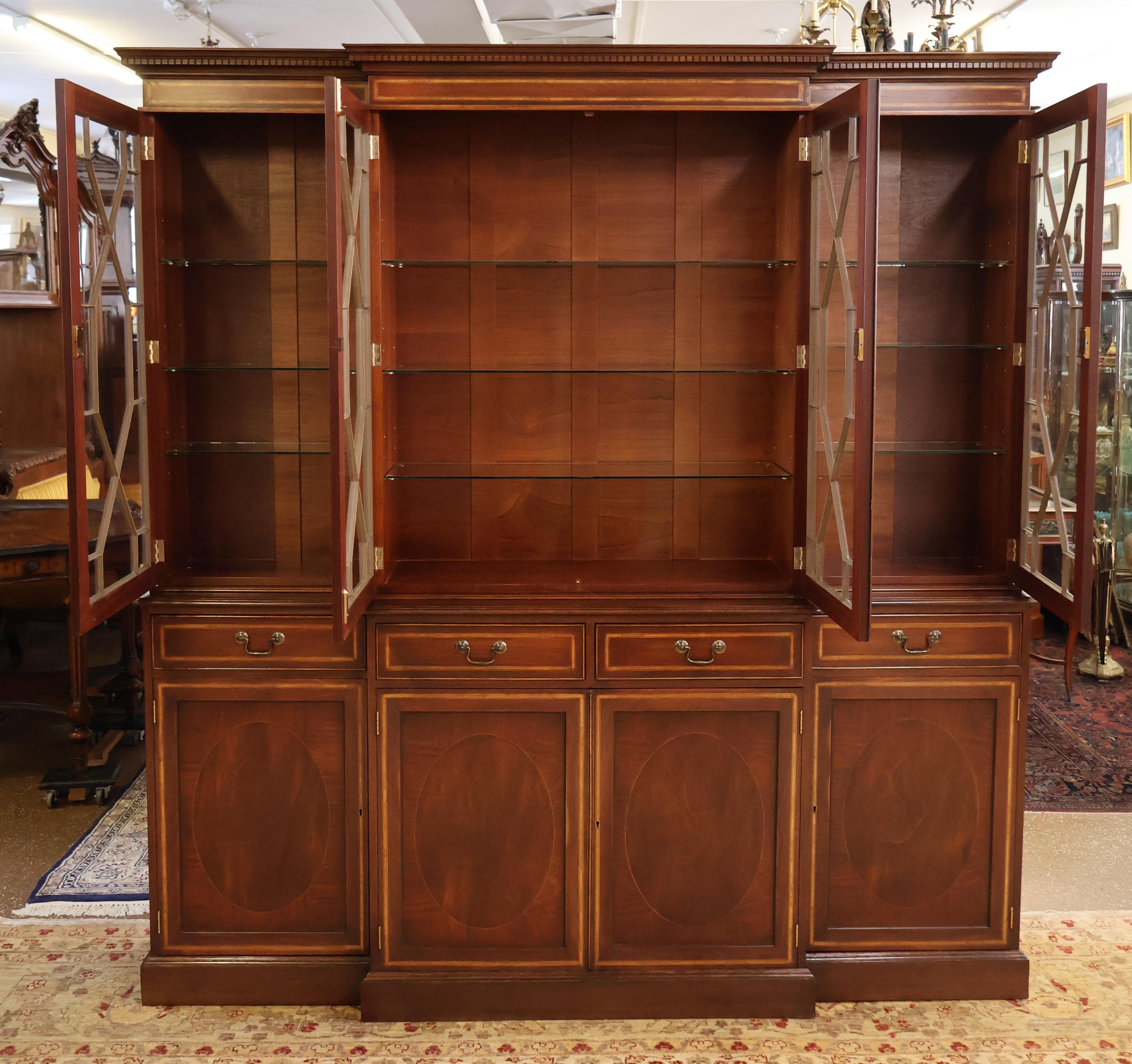 Glass English George II Style Mahogany Inlaid Bookcase Breakfront For Sale