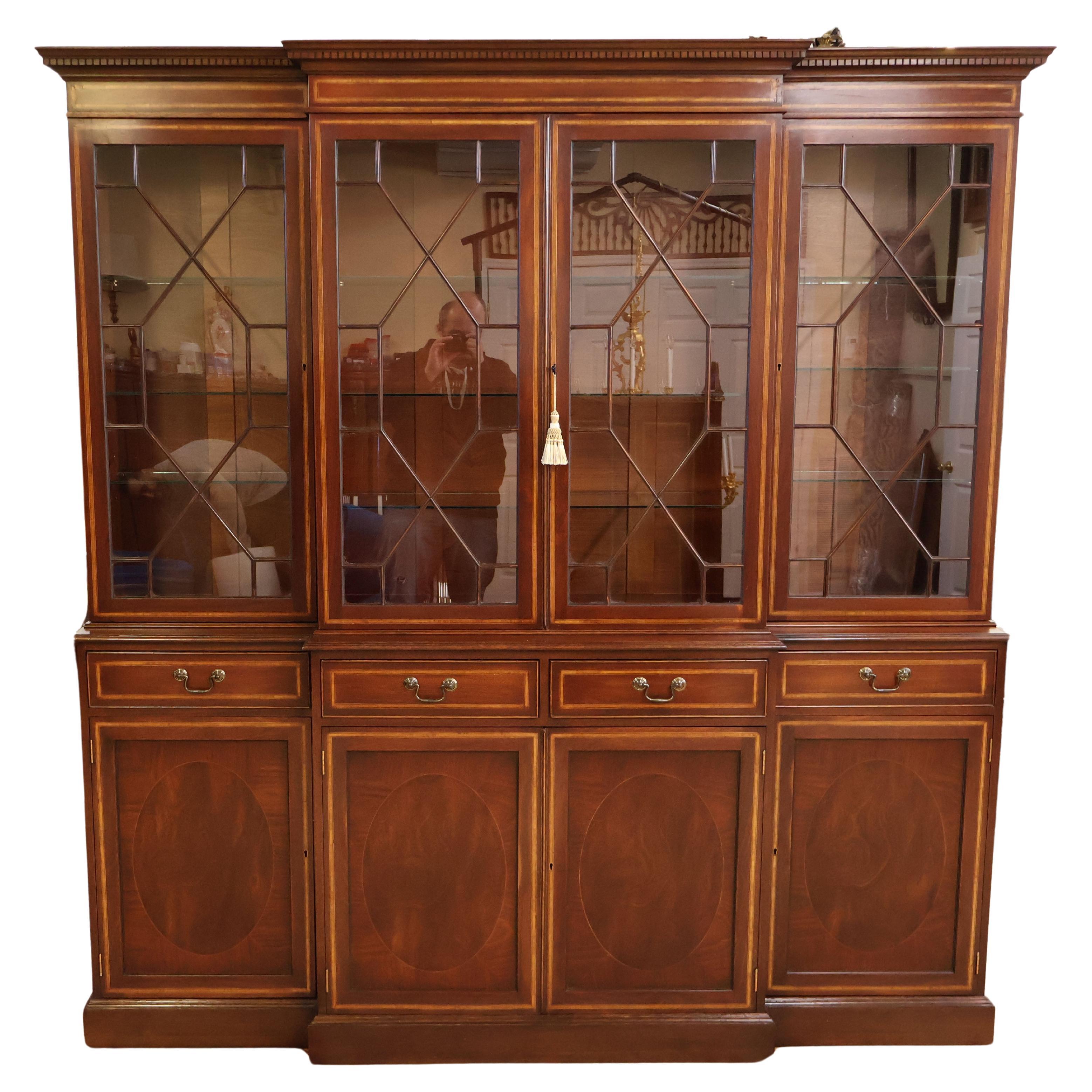 English George II Style Mahogany Inlaid Bookcase Breakfront For Sale