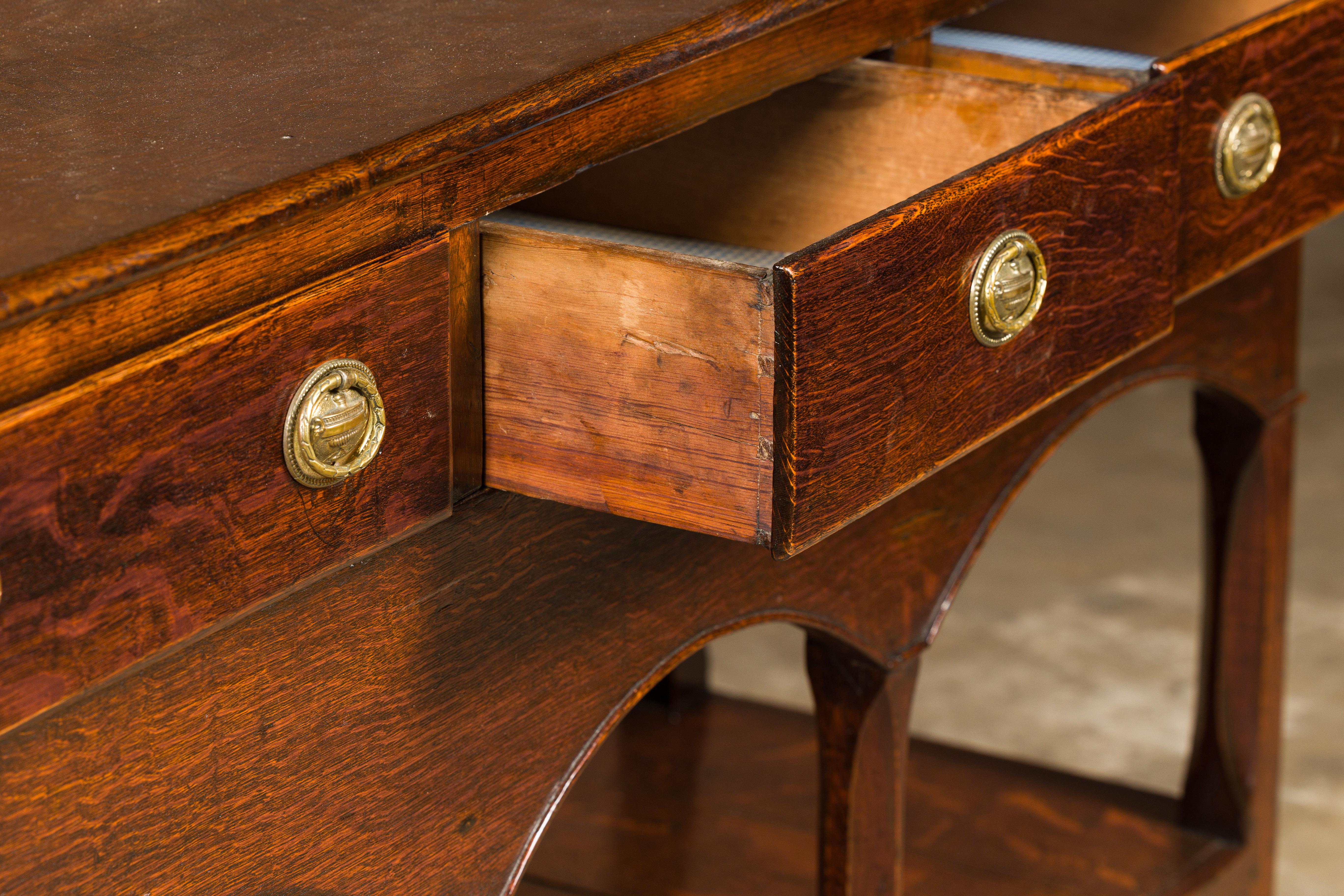 English George III 1800s Oak Dresser Base with Three Drawers and Arching Accents For Sale 5