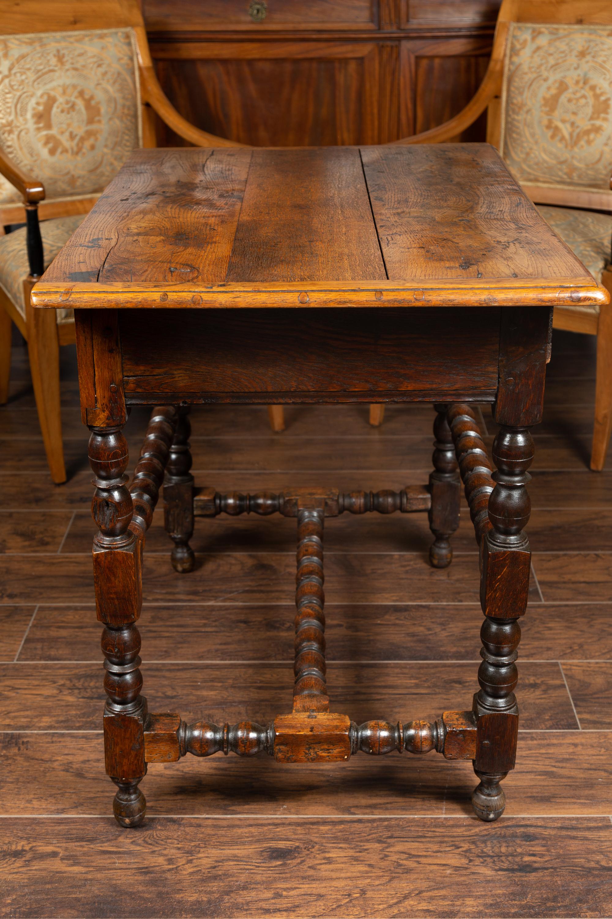 English George III 1800s Oak Side Table with Single Drawer and Bobbin Stretchers 8