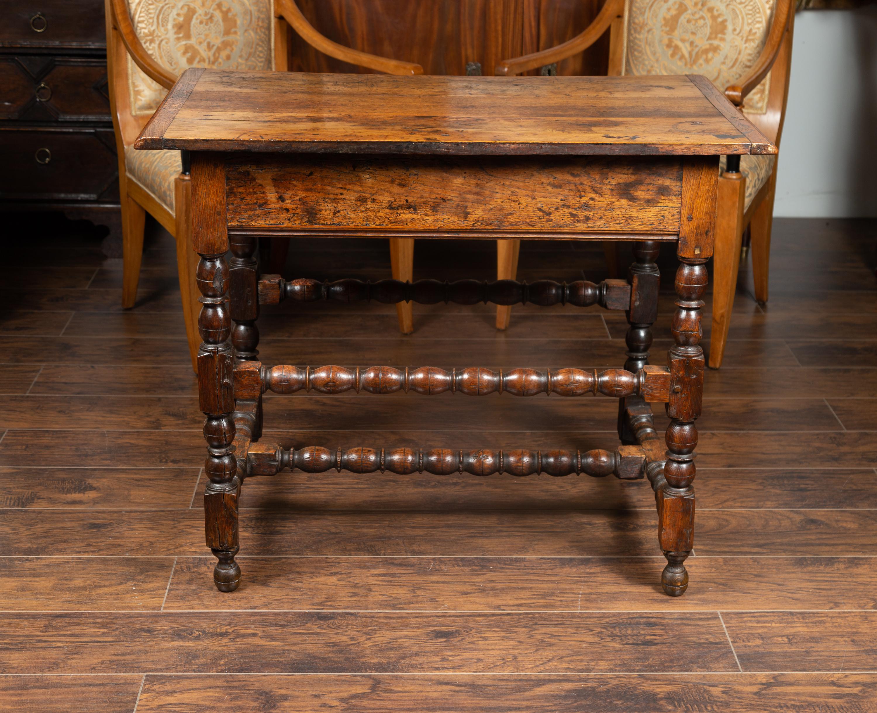 English George III 1800s Oak Side Table with Single Drawer and Bobbin Stretchers 10