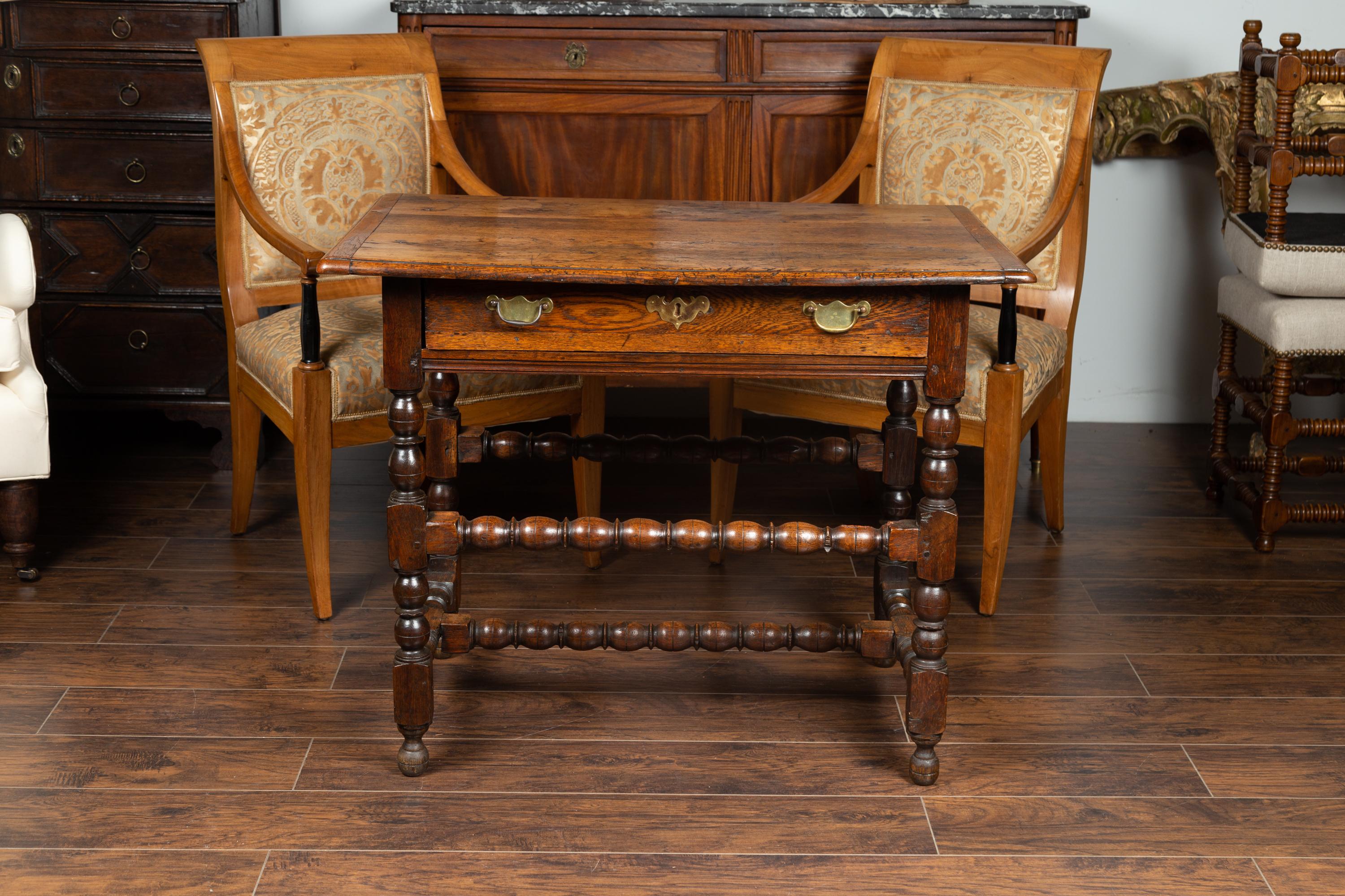 English George III 1800s Oak Side Table with Single Drawer and Bobbin Stretchers 12
