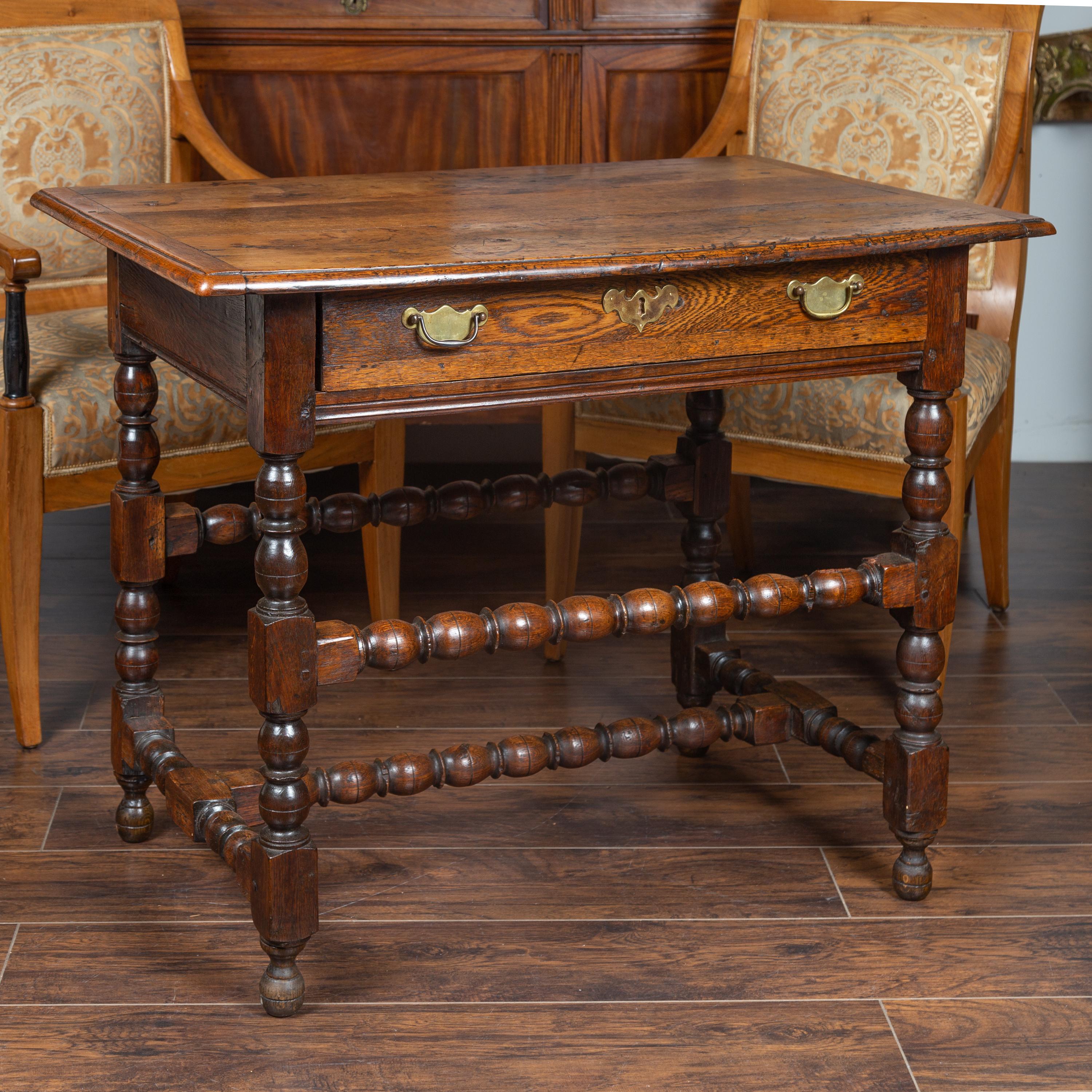 English George III 1800s Oak Side Table with Single Drawer and Bobbin Stretchers 13