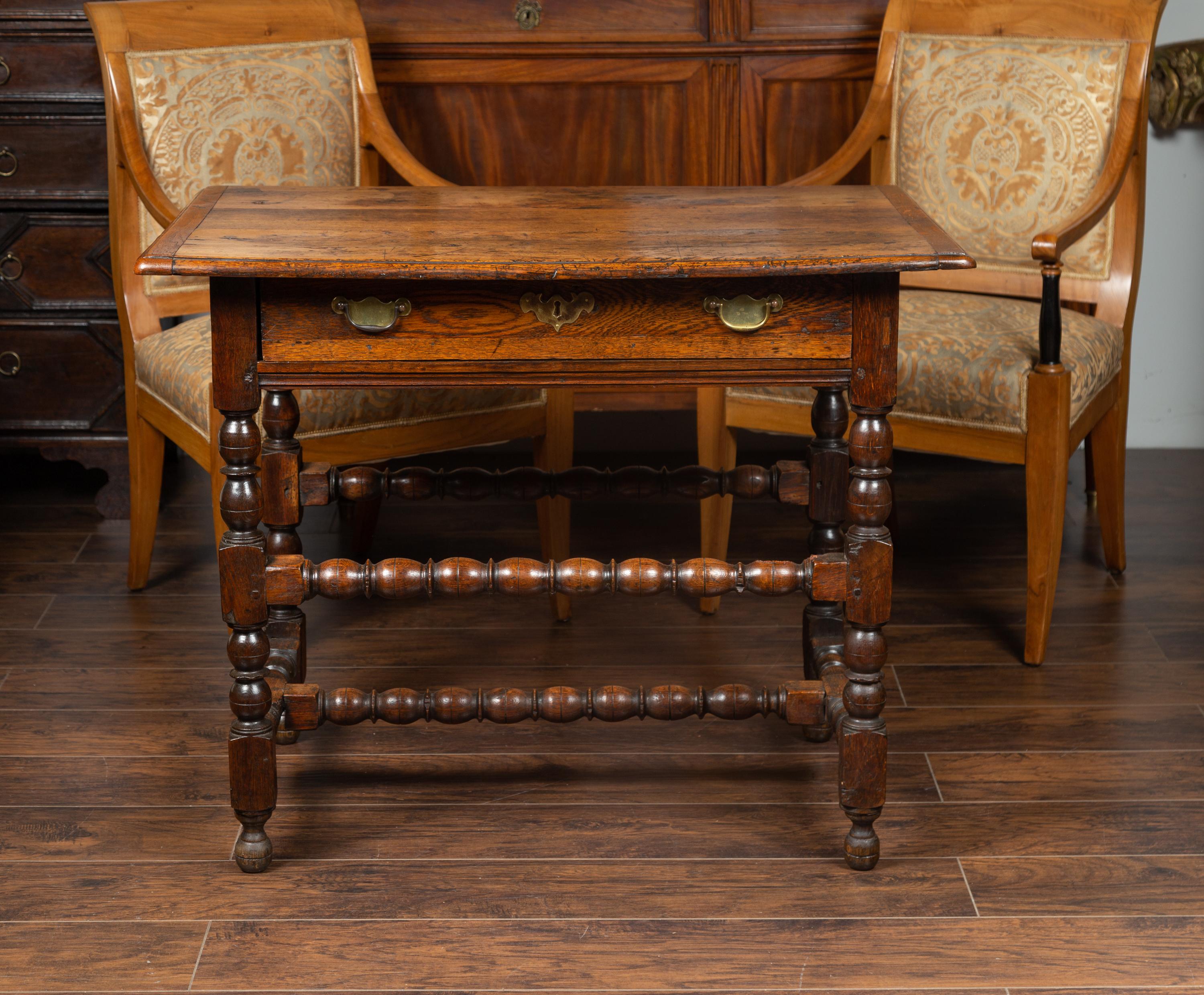 English George III 1800s Oak Side Table with Single Drawer and Bobbin Stretchers In Good Condition In Atlanta, GA