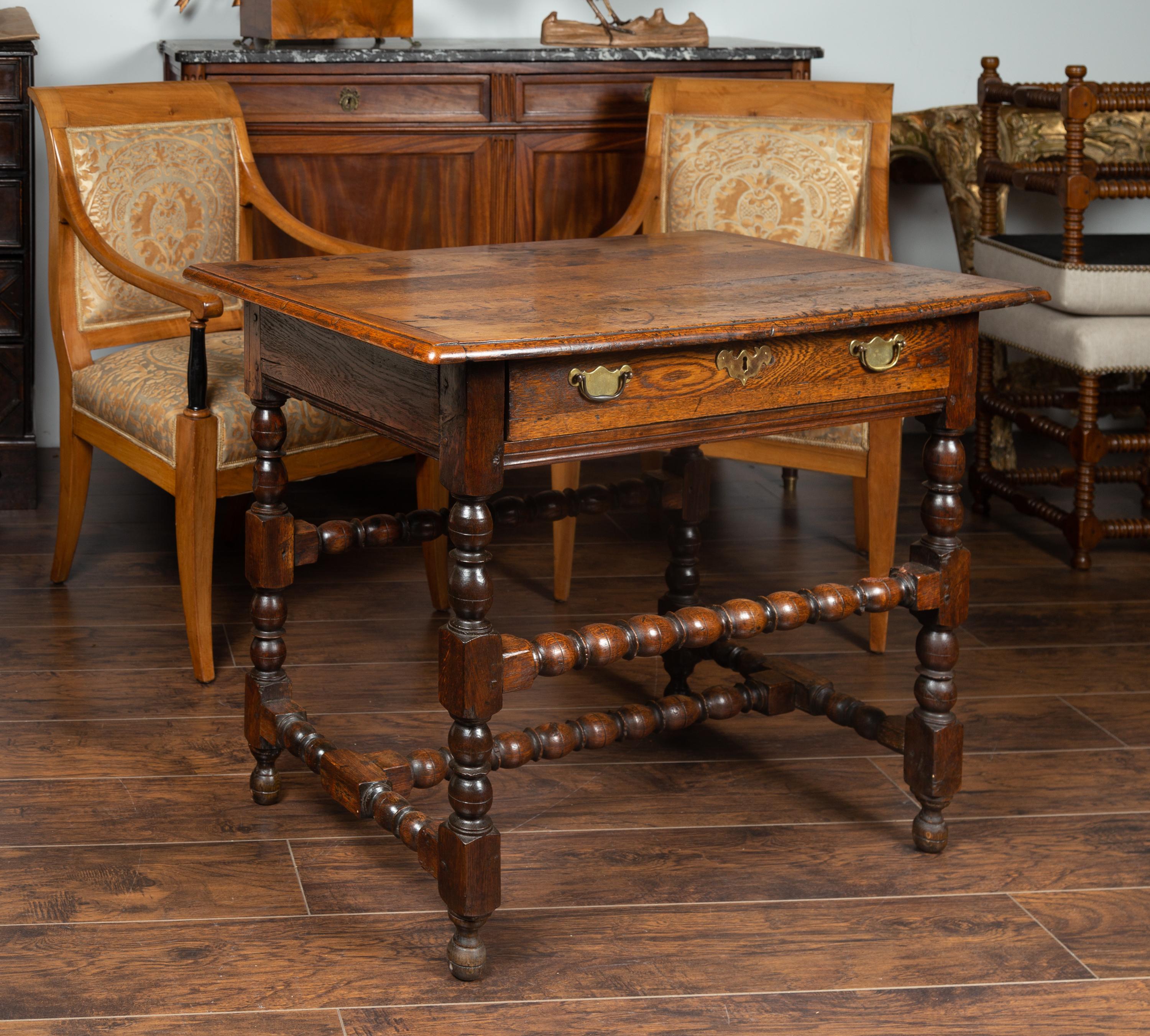 English George III 1800s Oak Side Table with Single Drawer and Bobbin Stretchers 2