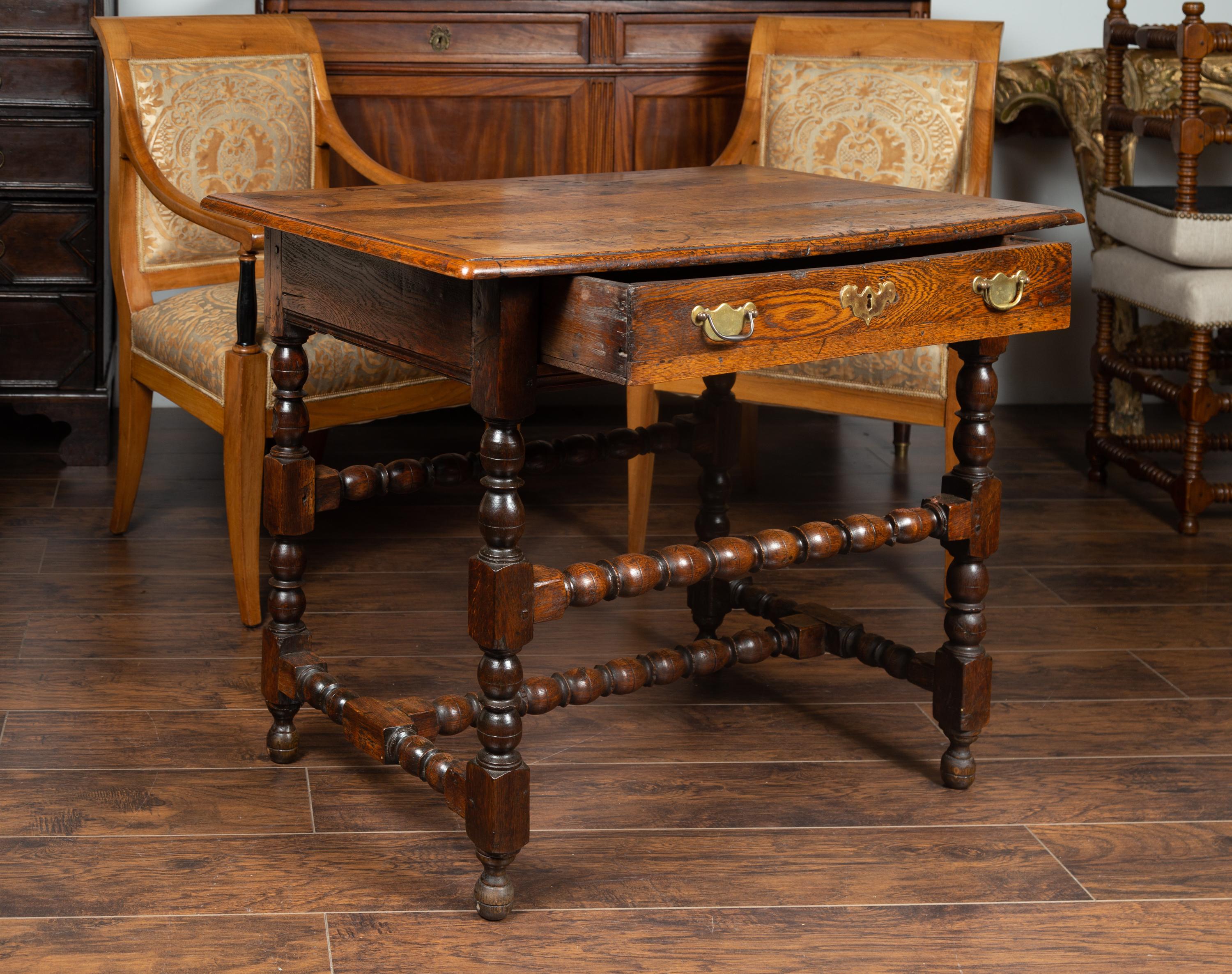 English George III 1800s Oak Side Table with Single Drawer and Bobbin Stretchers 4