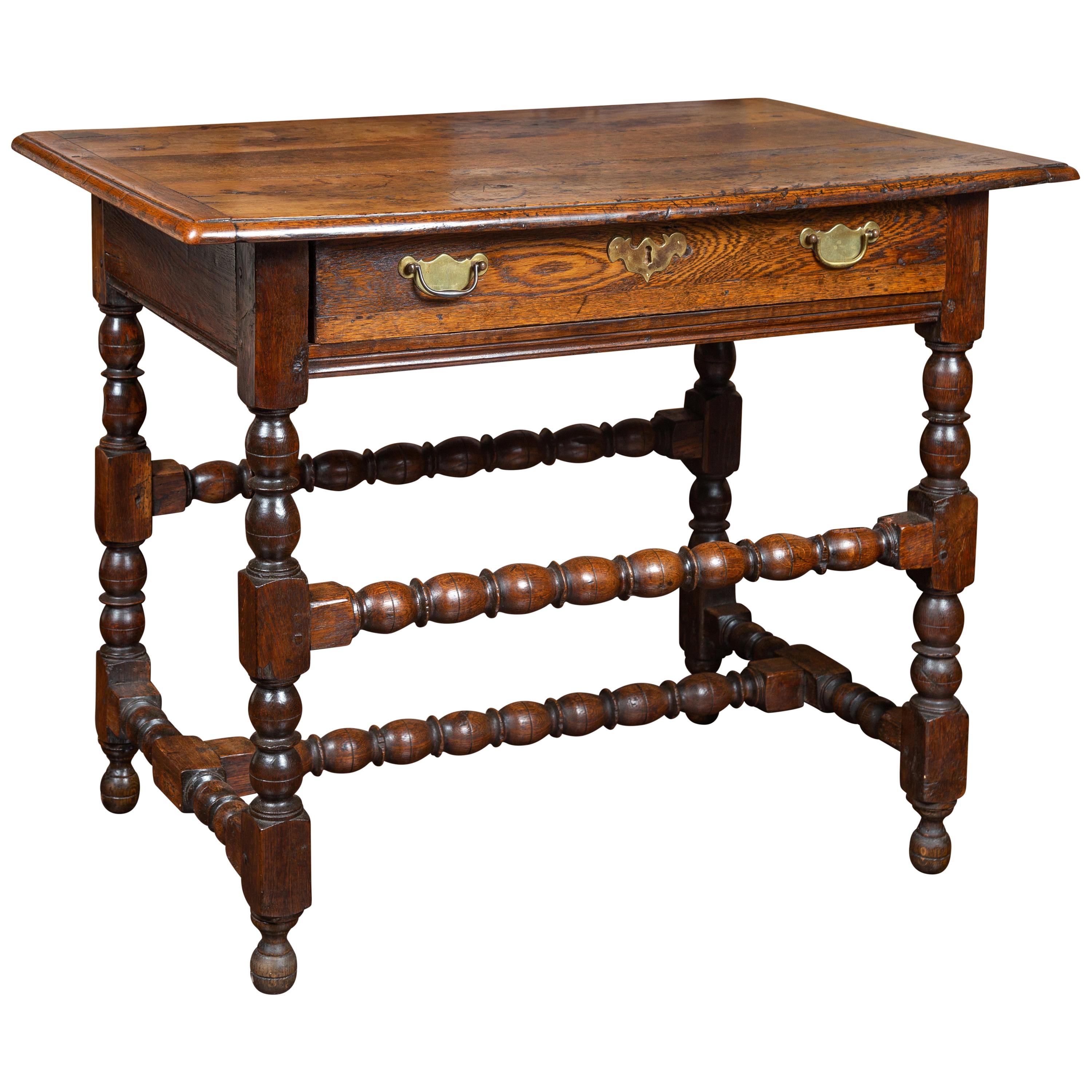 English George III 1800s Oak Side Table with Single Drawer and Bobbin Stretchers