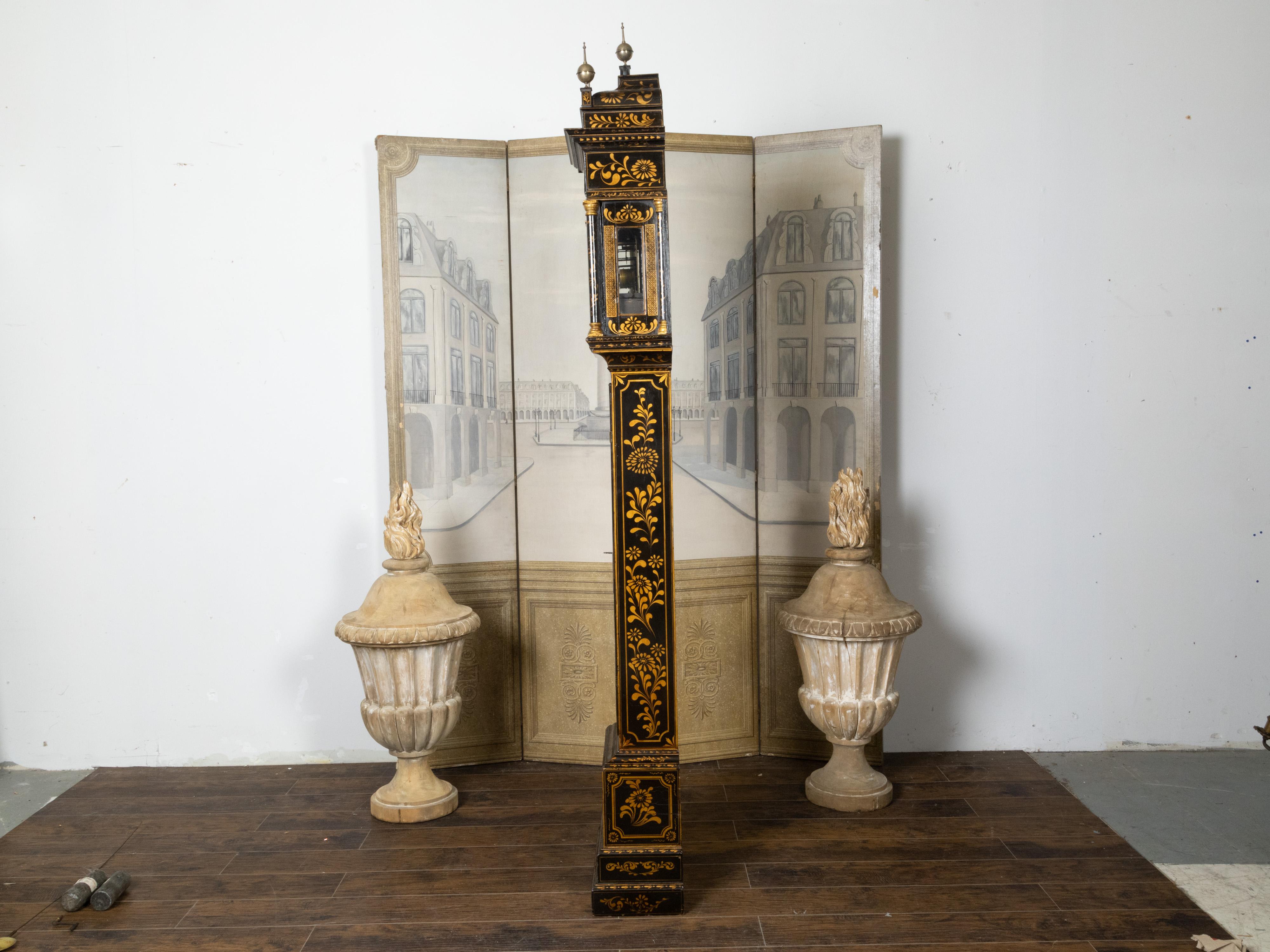 Painted English George III 18th Century Japanned Tall Case Clock with Chinoiserie Décor For Sale