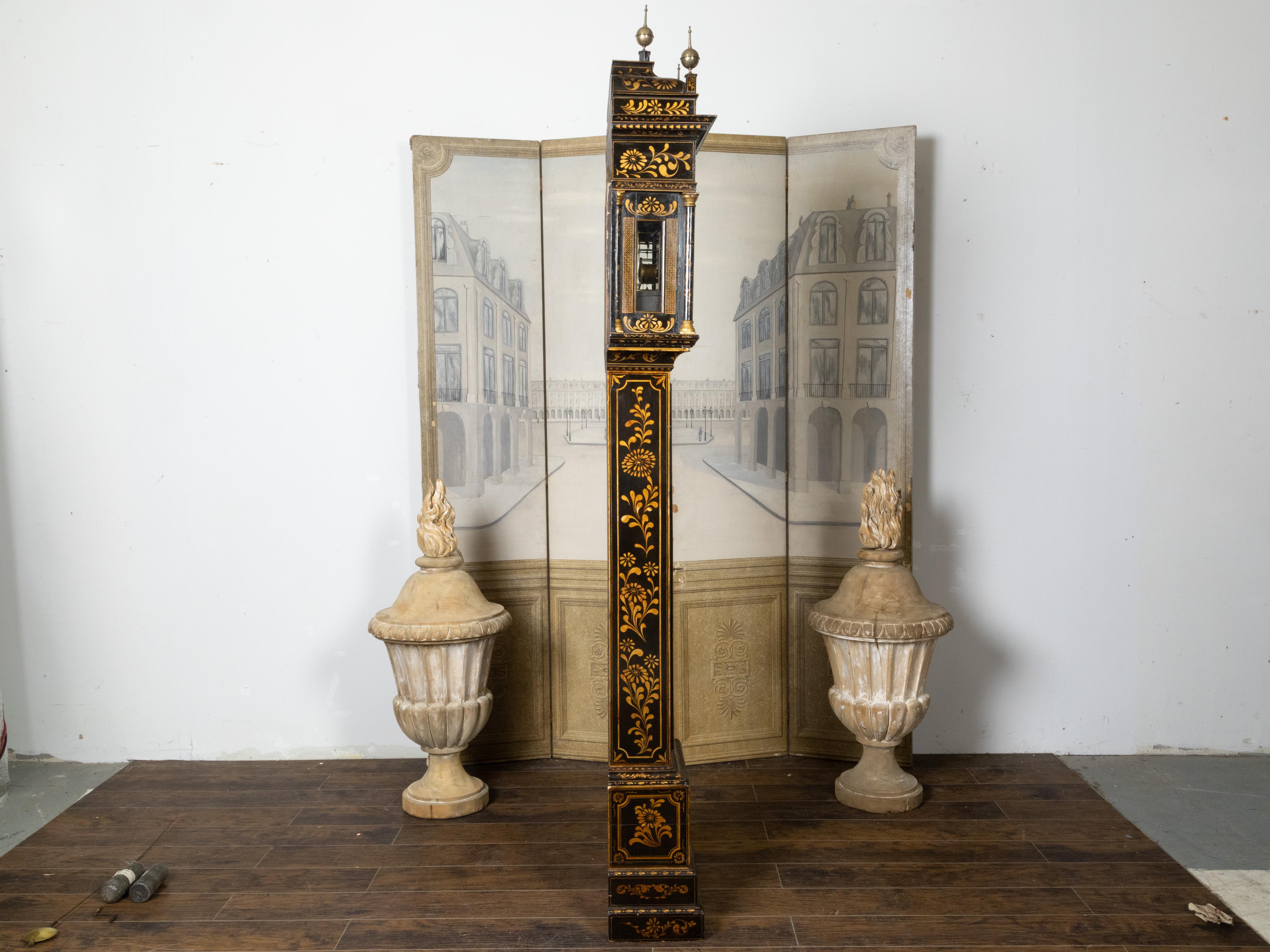 18th Century and Earlier English George III 18th Century Japanned Tall Case Clock with Chinoiserie Décor For Sale