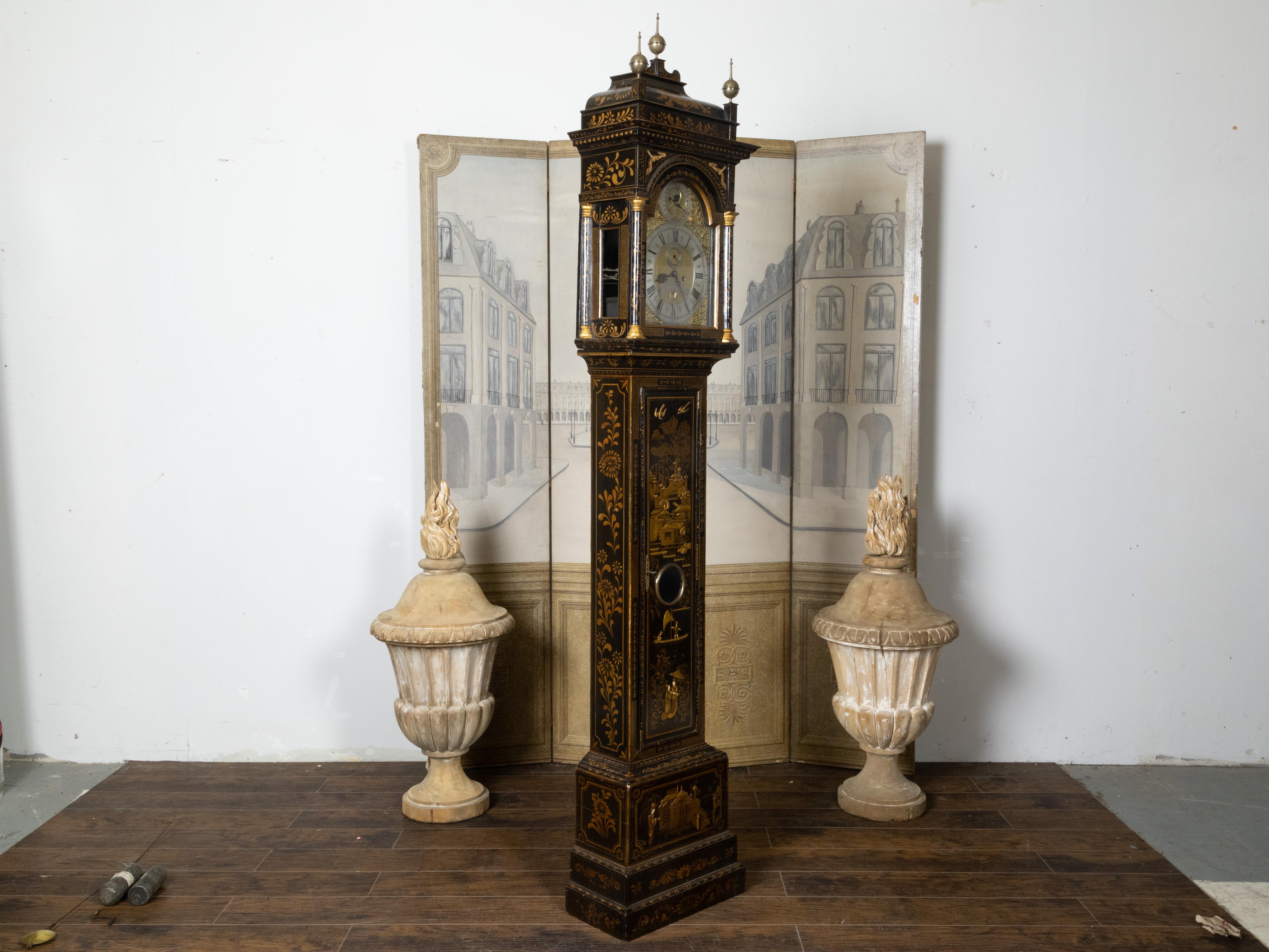 Brass English George III 18th Century Japanned Tall Case Clock with Chinoiserie Décor For Sale