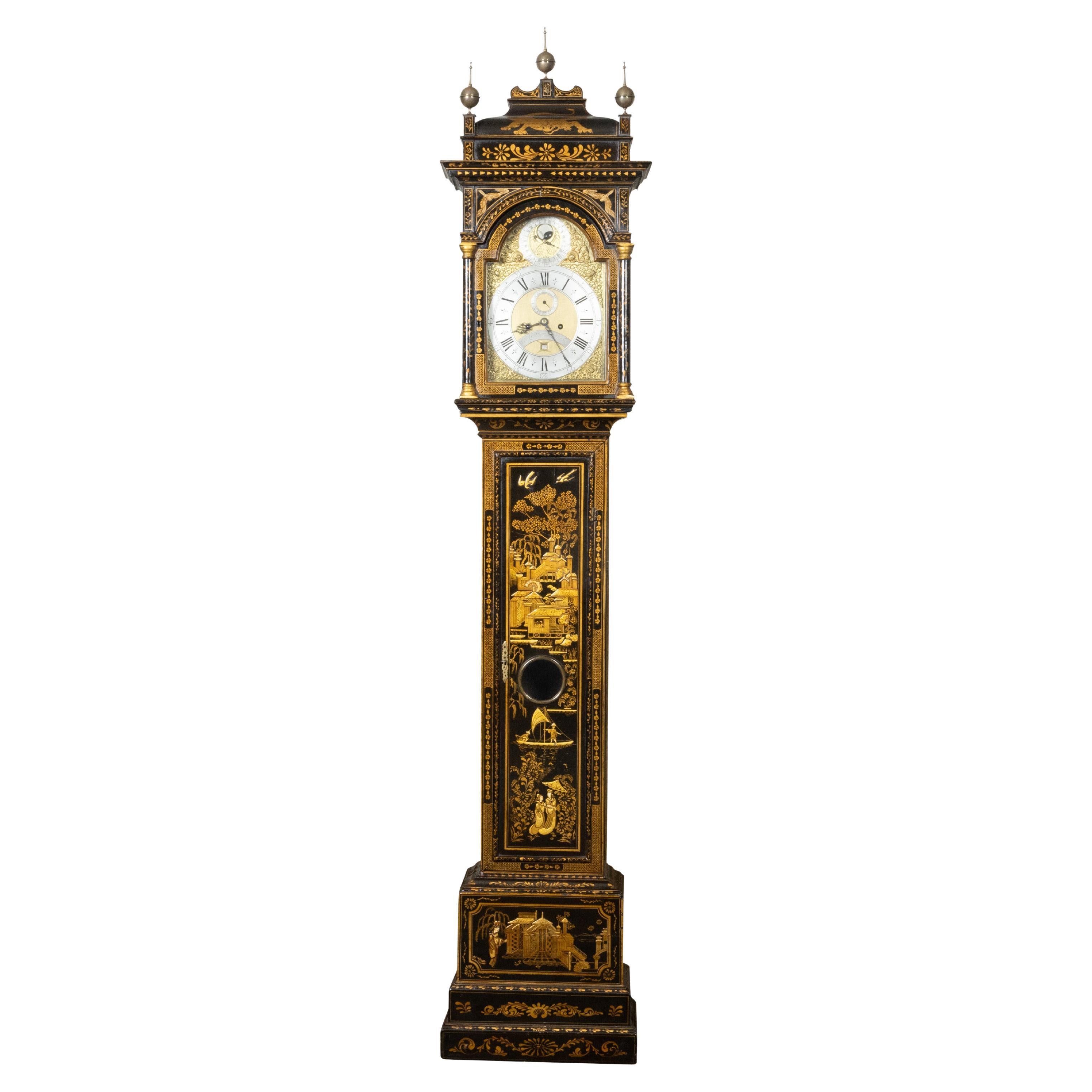 English George III 18th Century Japanned Tall Case Clock with Chinoiserie Décor For Sale