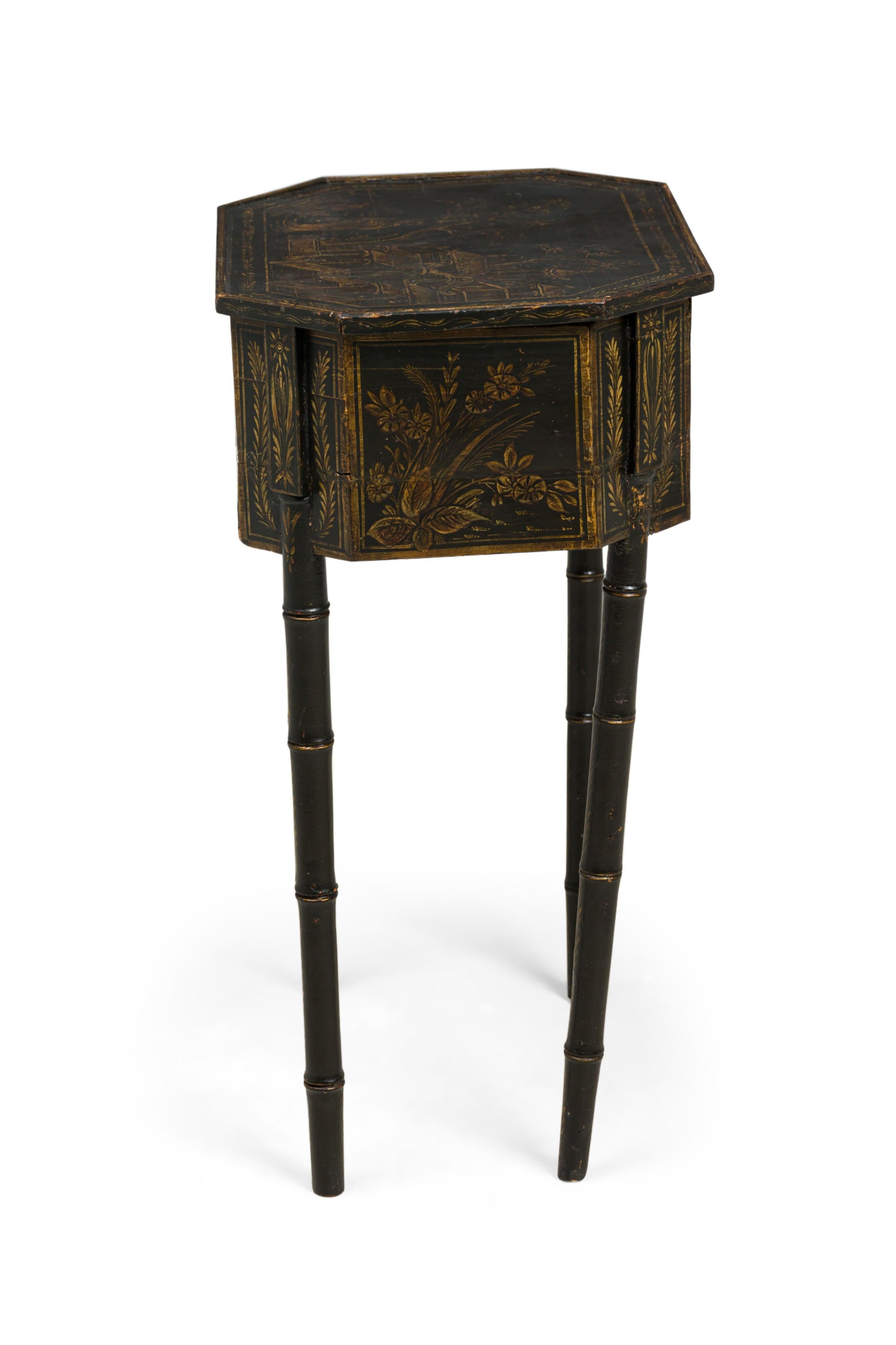 Georgian English George III Black Japanned Multi-Compartment Work End Side Table For Sale