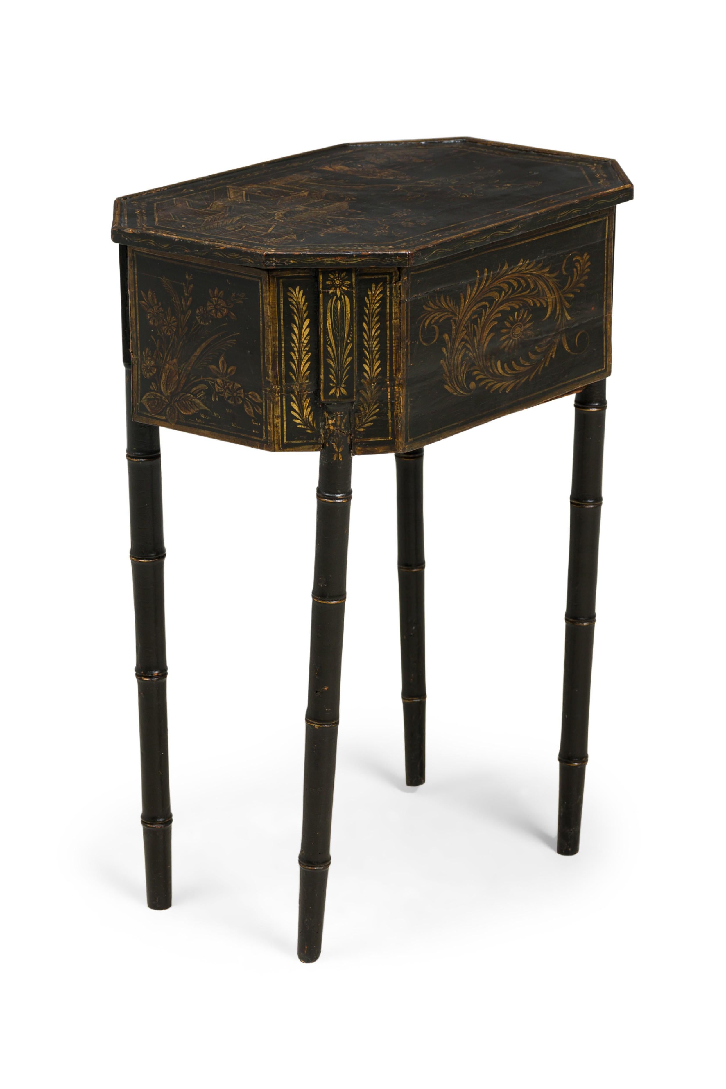 Inlay English George III Black Japanned Multi-Compartment Work End Side Table For Sale