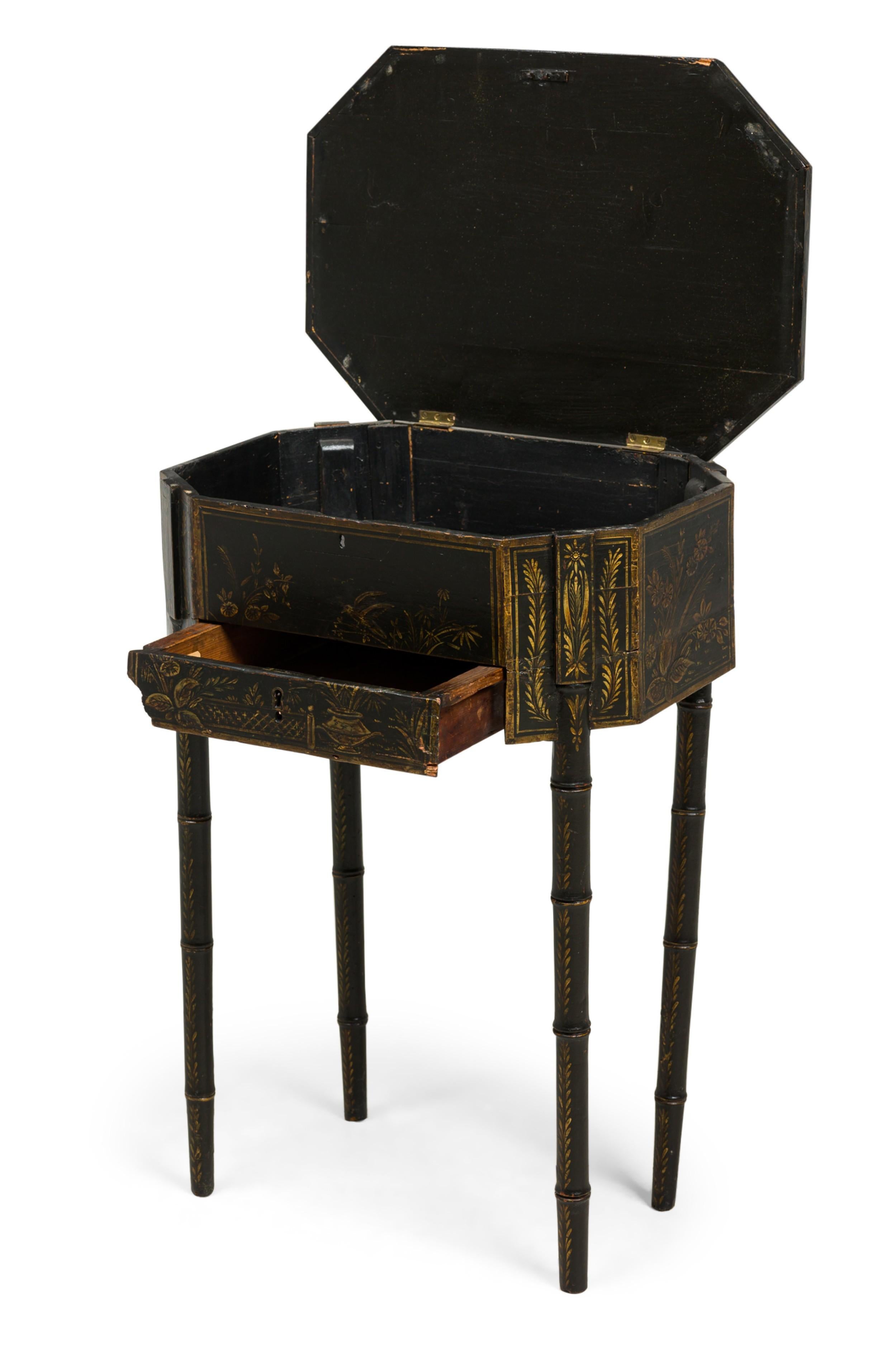19th Century English George III Black Japanned Multi-Compartment Work End Side Table For Sale
