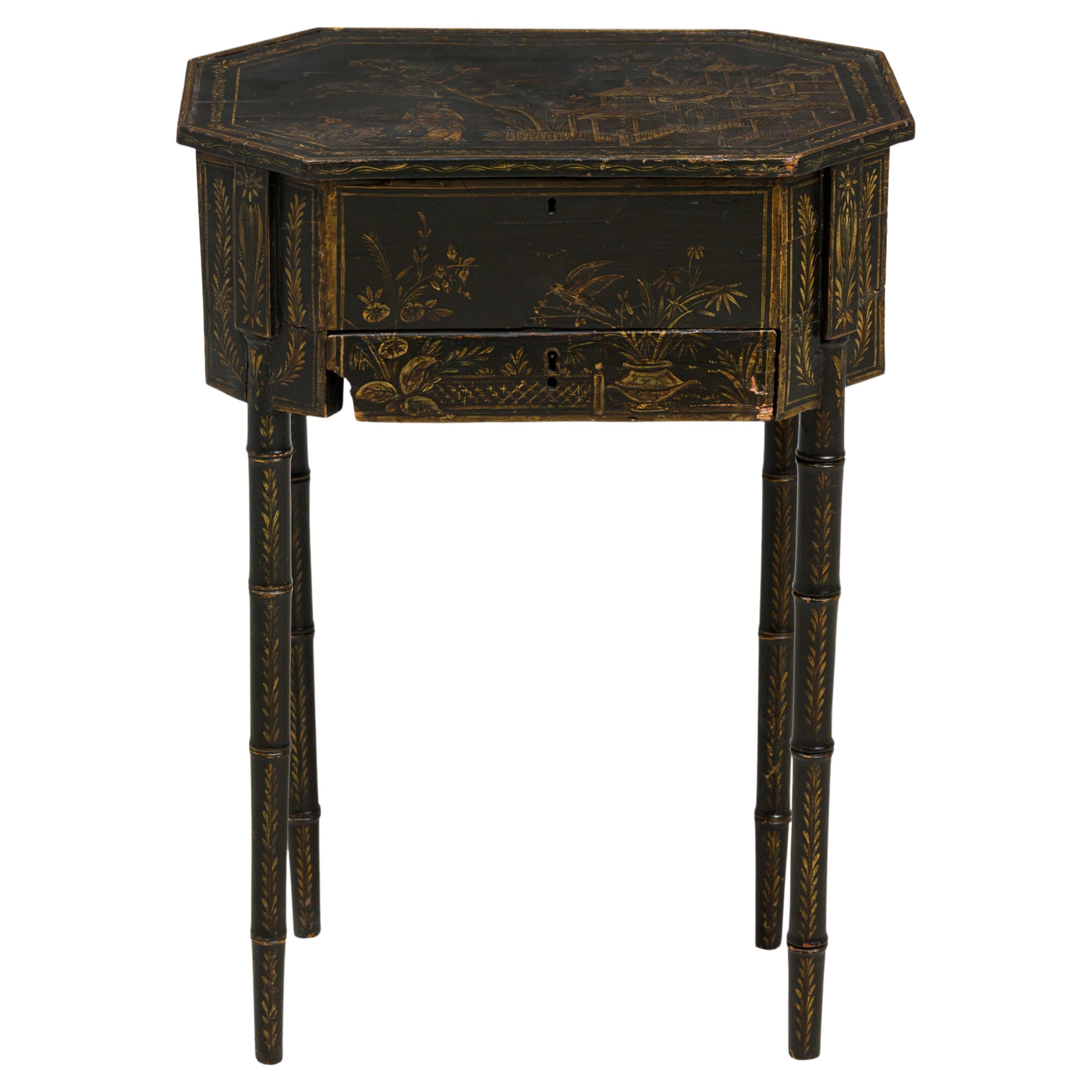 English George III Black Japanned Multi-Compartment Work End Side Table