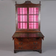 English George III Carved Flame Mahogany Secretary Bookcase, 19th Century