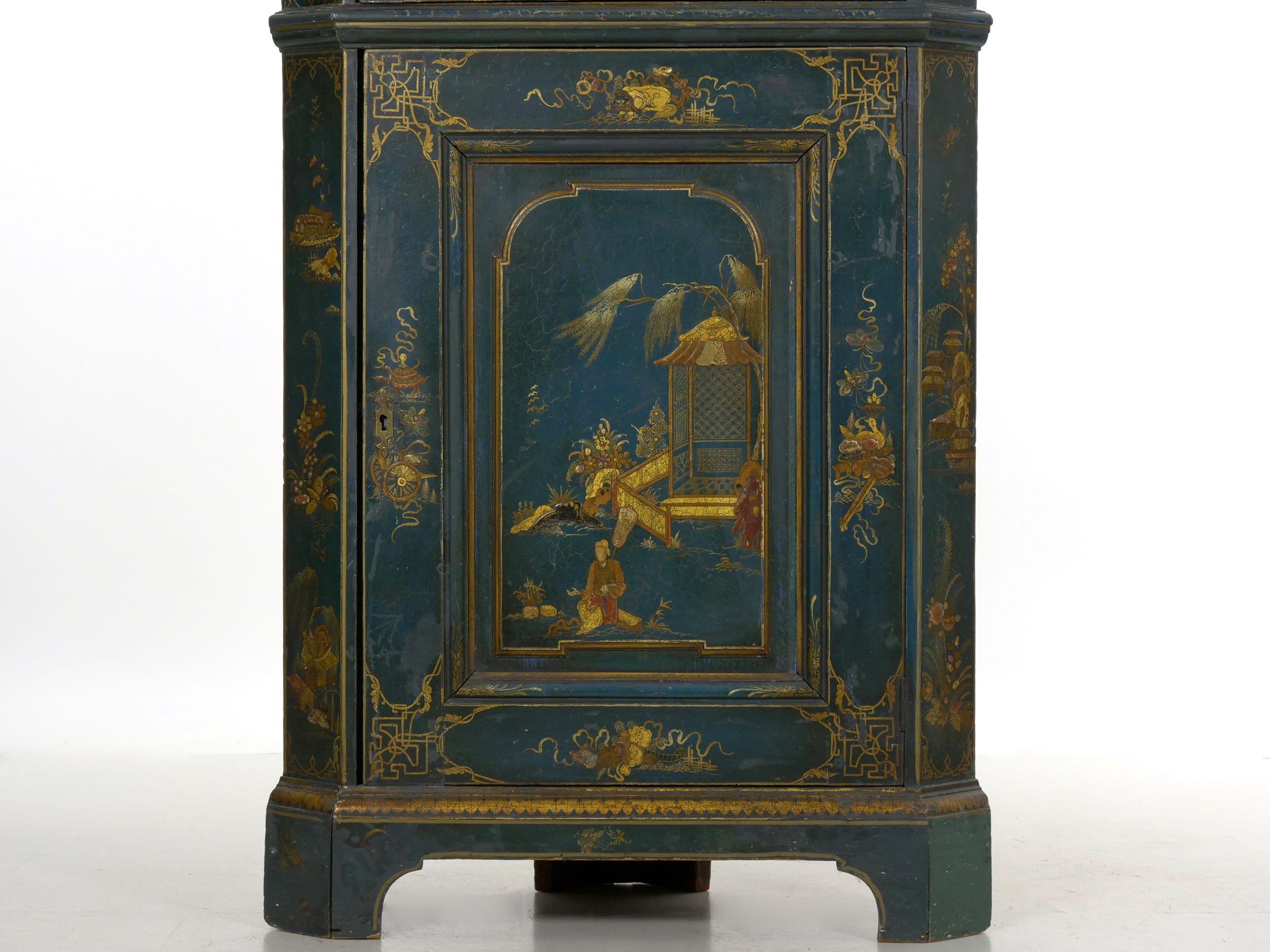18th Century and Earlier English George III Chippendale Blue Painted Chinoiserie Corner Cabinet Cupboard