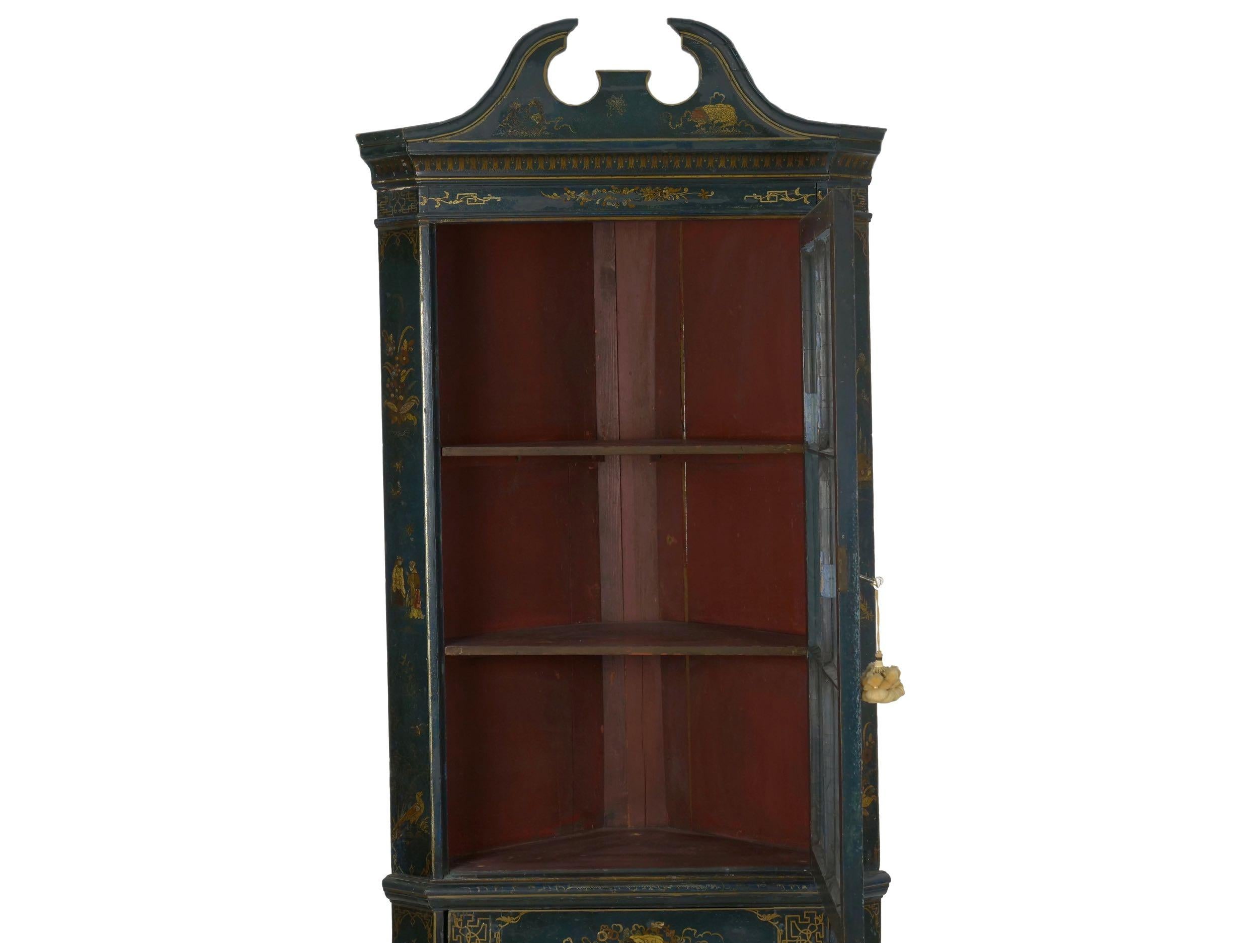 Glass English George III Chippendale Blue Painted Chinoiserie Corner Cabinet Cupboard